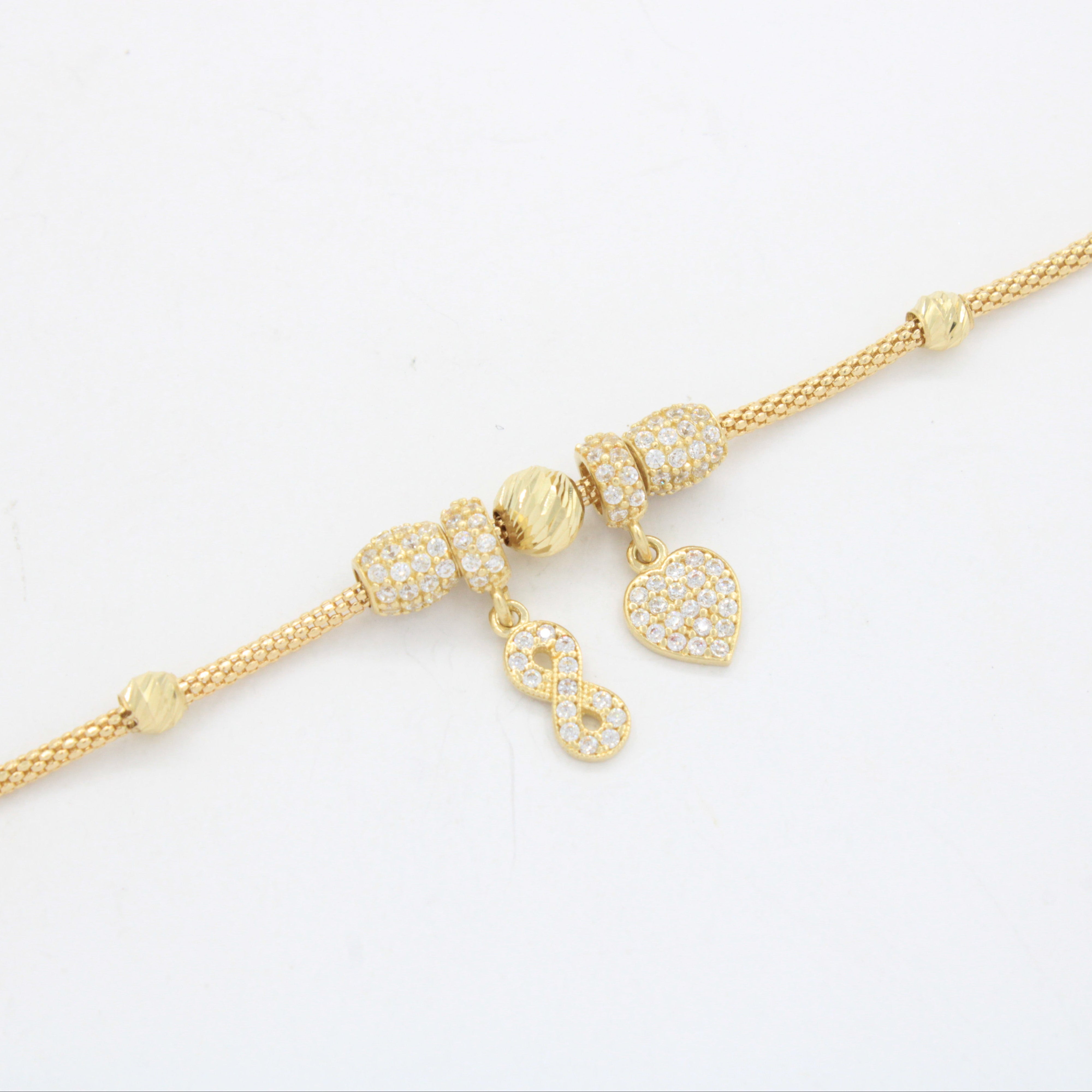 Pulsera de Oro 14k Tejido Cola de Rata con Dijes Charm Finos, Zirconais Brillantes y Diamantados mod. 10660