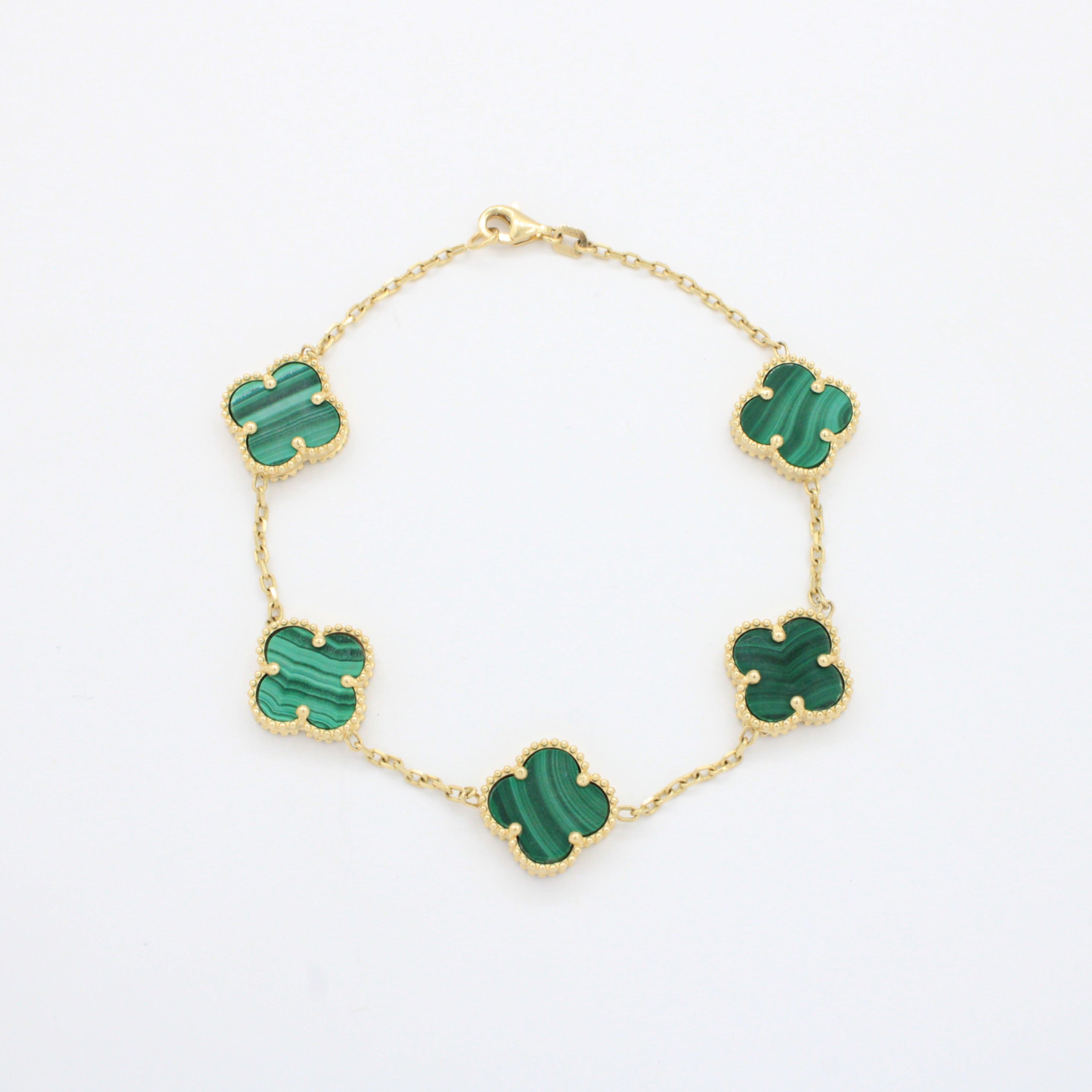 Pulsera de Oro 14k Tejido Fino con Trébol de Malaquita mod. 10661