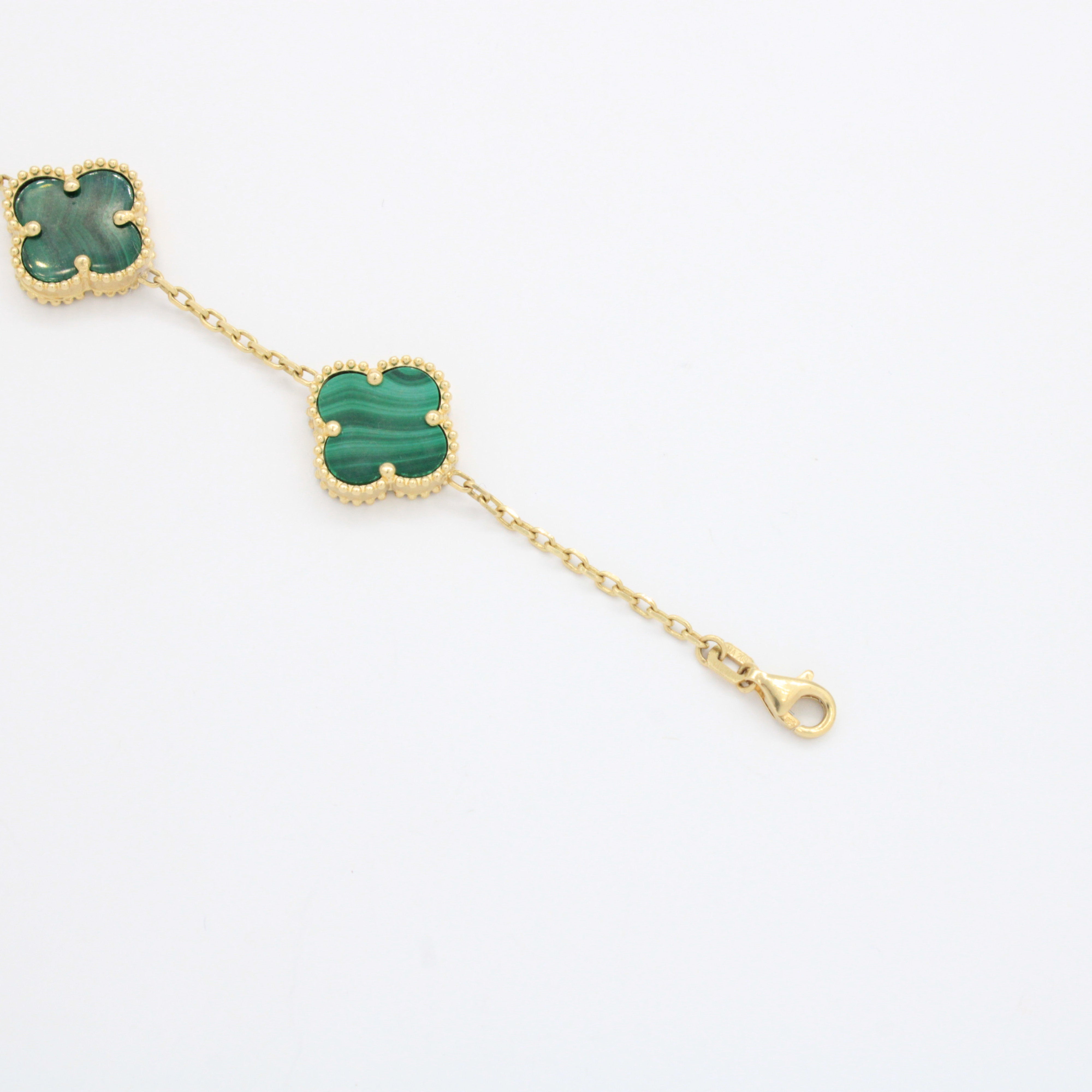 Pulsera de Oro 14k Tejido Fino con Trébol de Malaquita mod. 10661