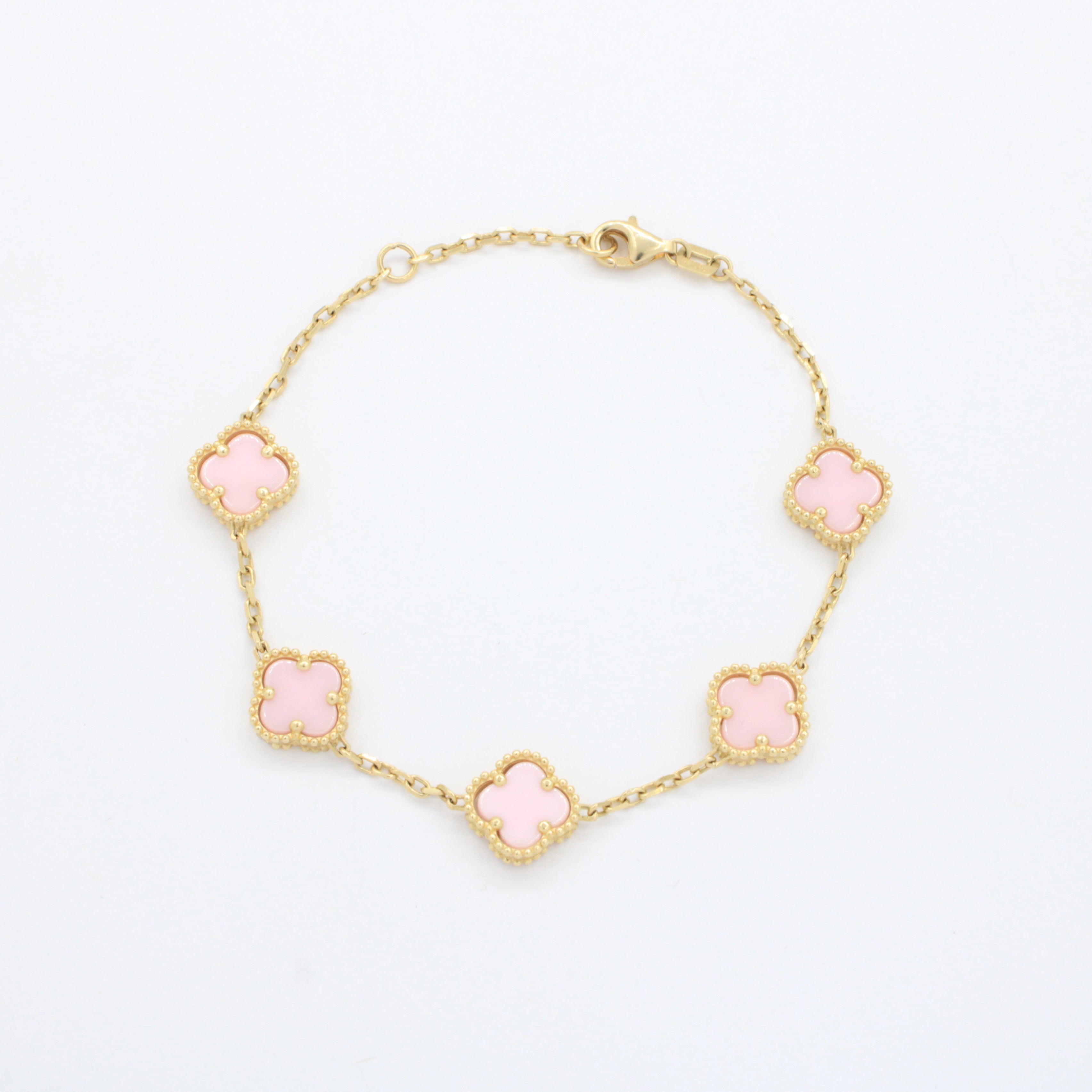 Pulsera de Oro 14k Tejido Delgado con Tréboles de Tono Rosa Pastel mod. 10664