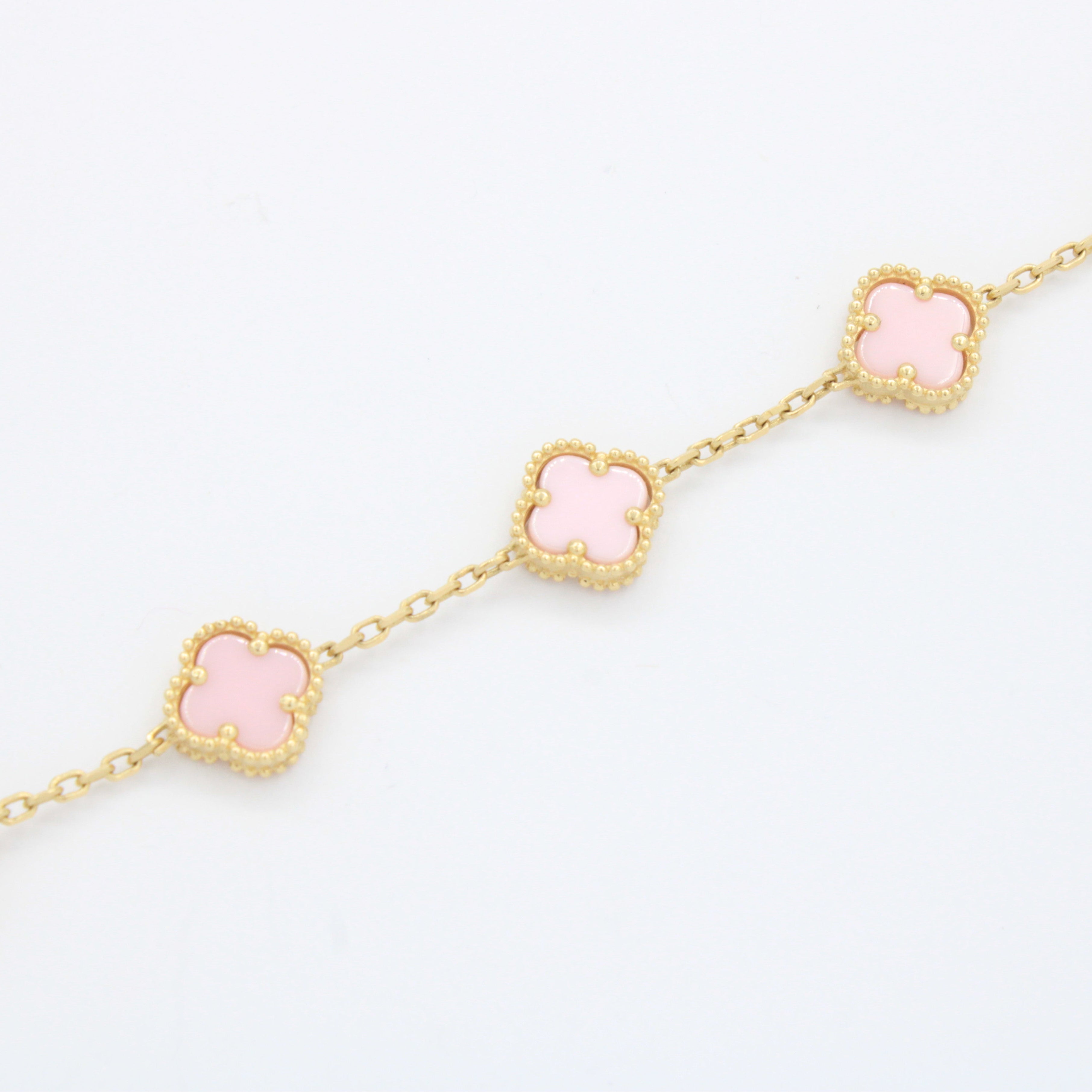 Pulsera de Oro 14k Tejido Delgado con Tréboles de Tono Rosa Pastel mod. 10664