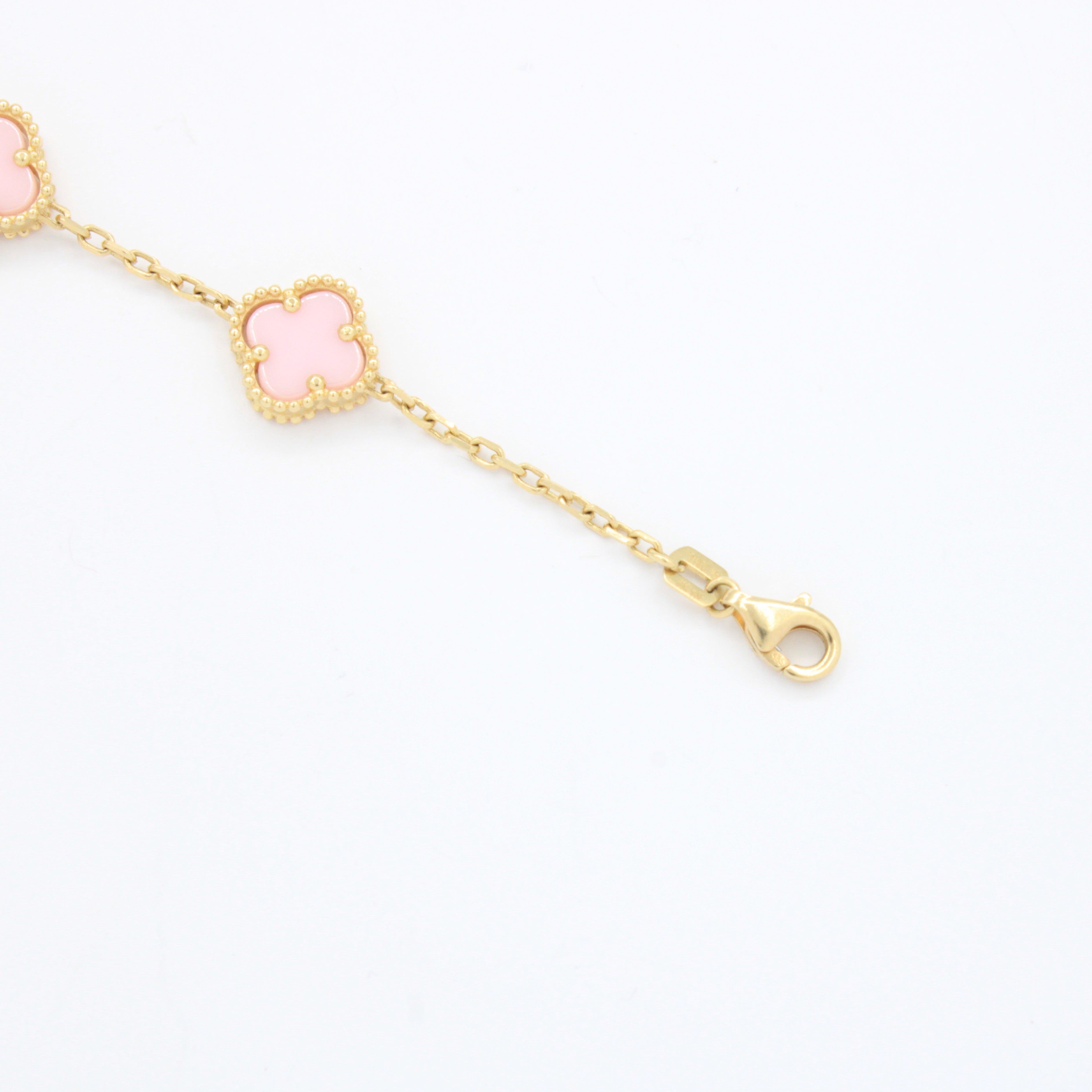Pulsera de Oro 14k Tejido Delgado con Tréboles de Tono Rosa Pastel mod. 10664