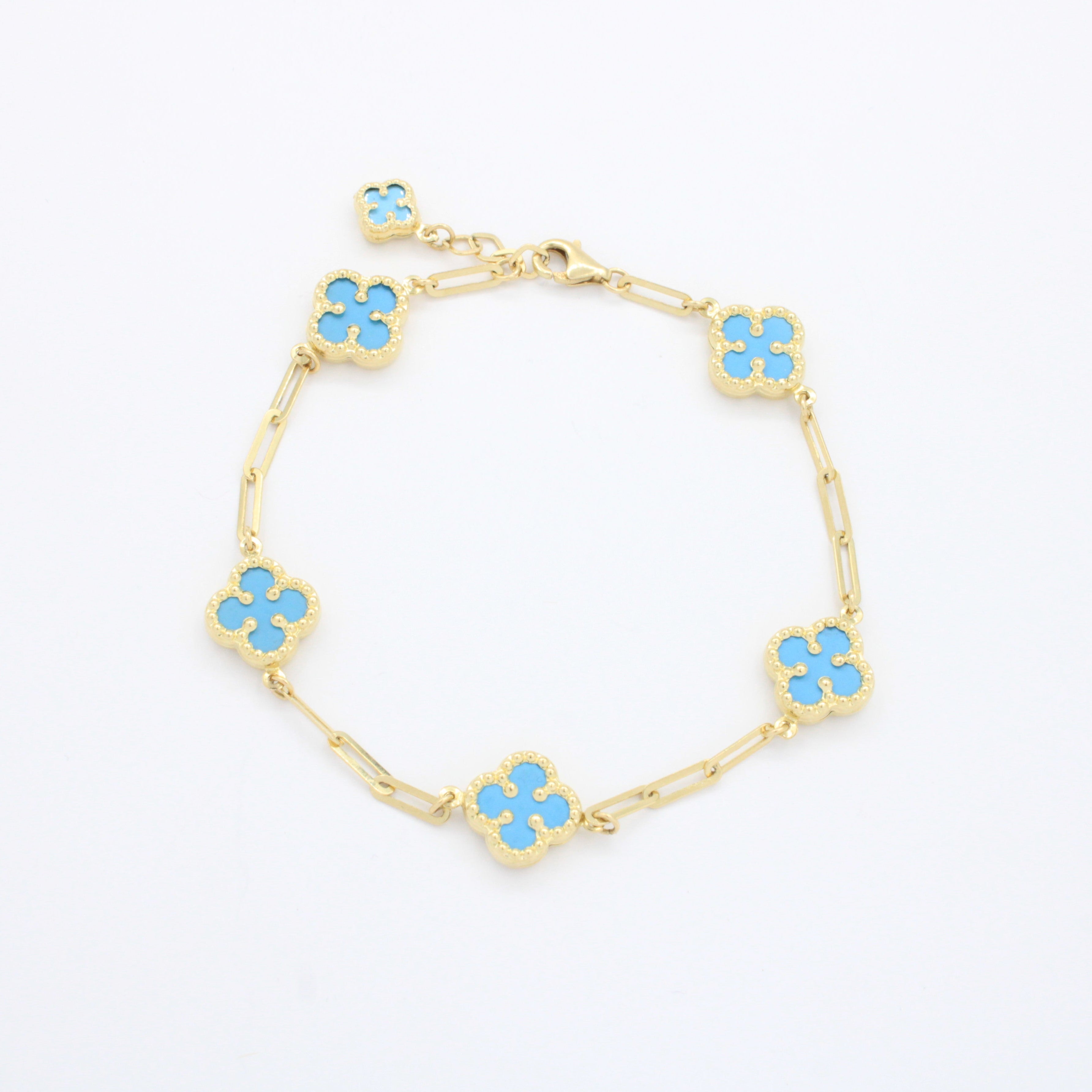 Pulsera de Oro 14k Tejido Fino con Tréboles en Tono Azul Pastel mod. 10665