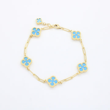 Pulsera de Oro 14k Tejido Fino con Tréboles en Tono Azul Pastel mod. 10665