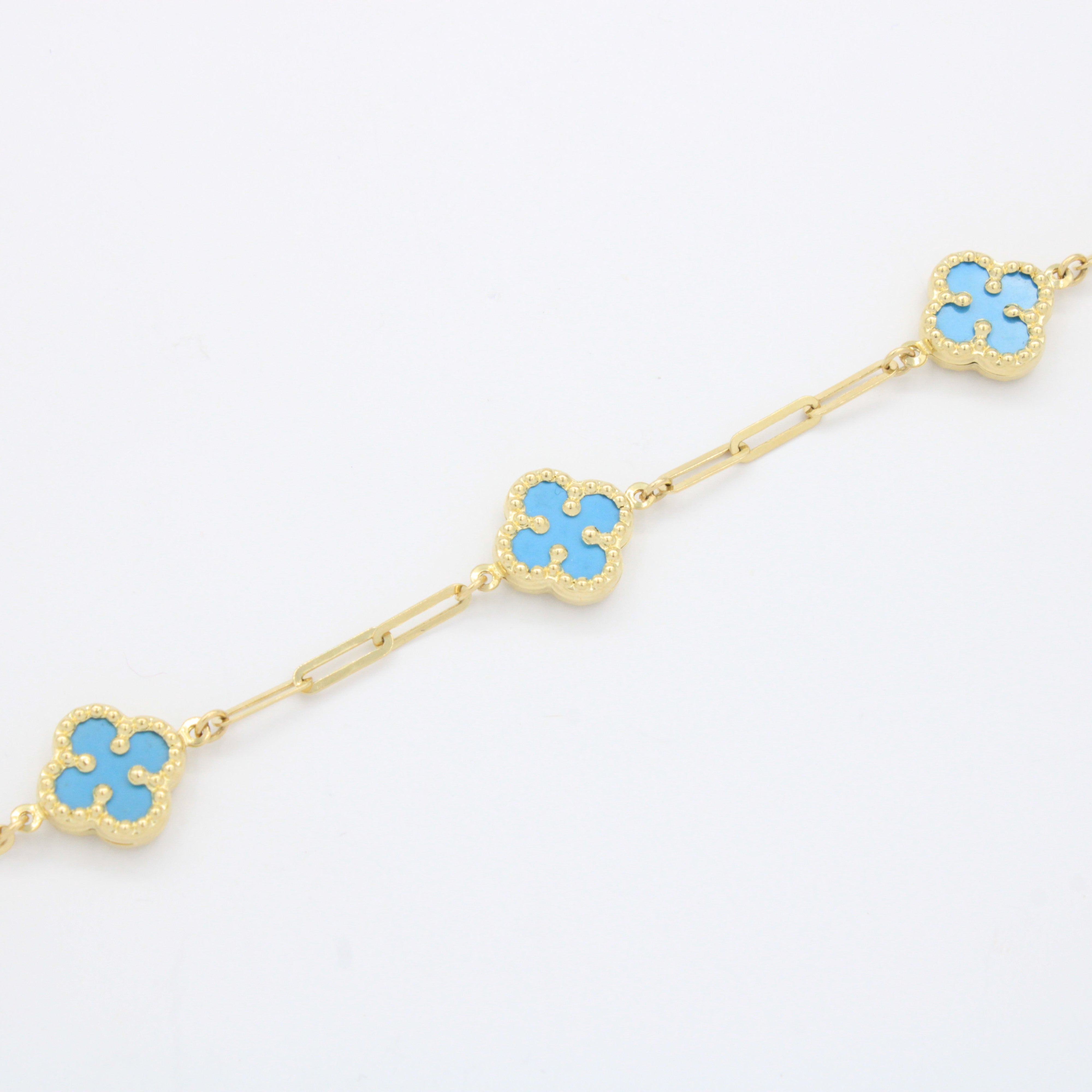 Pulsera de Oro 14k Tejido Fino con Tréboles en Tono Azul Pastel mod. 10665