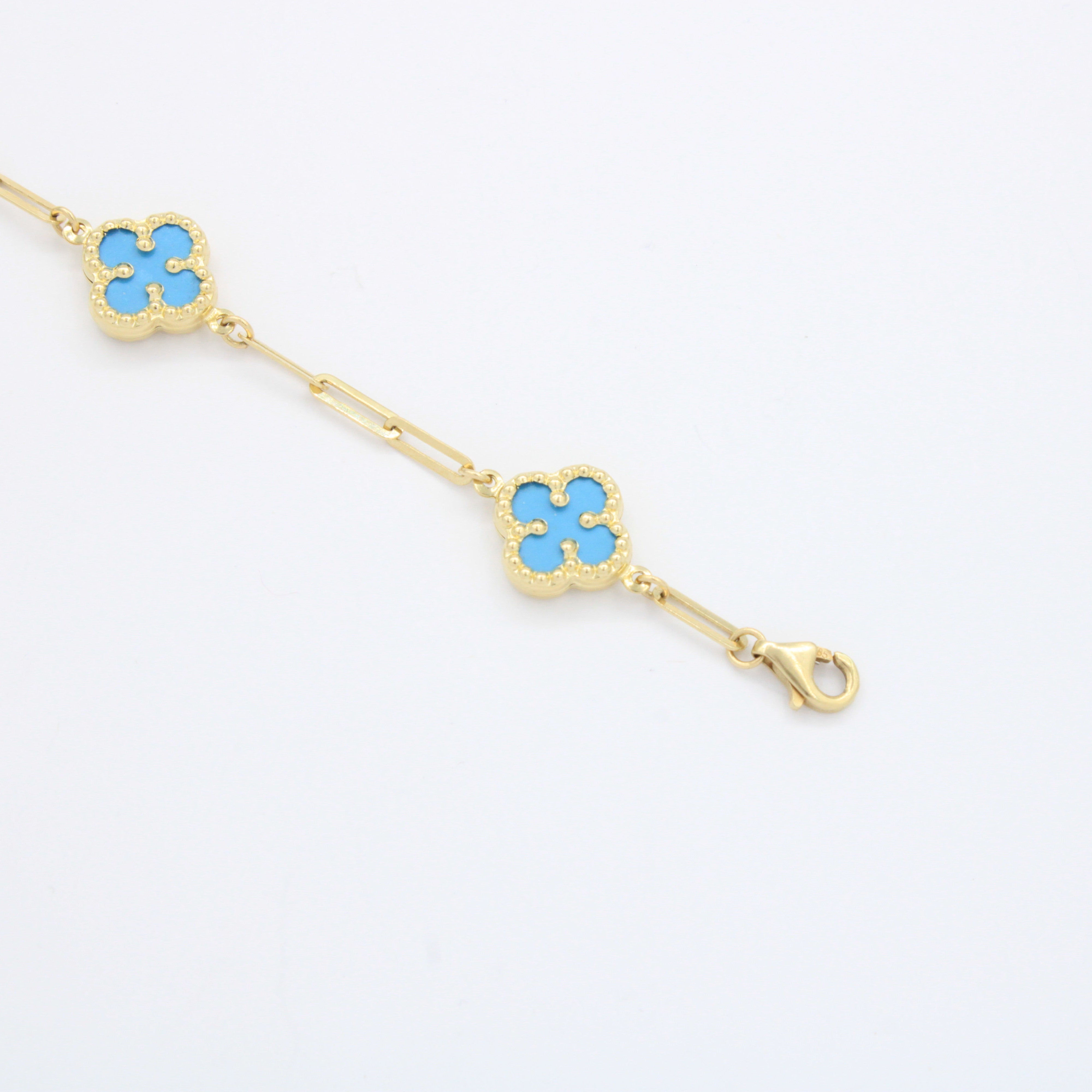 Pulsera de Oro 14k Tejido Fino con Tréboles en Tono Azul Pastel mod. 10665