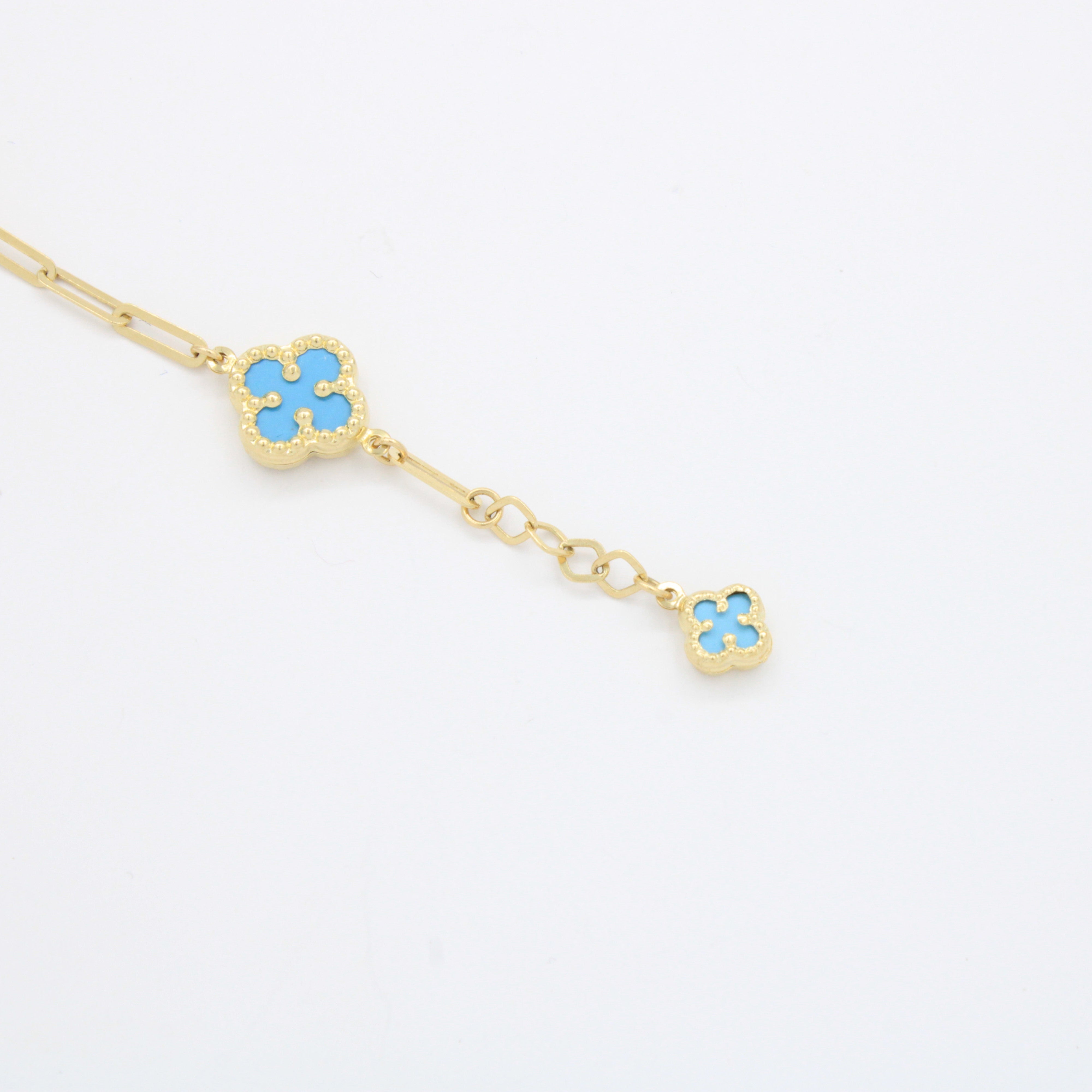 Pulsera de Oro 14k Tejido Fino con Tréboles en Tono Azul Pastel mod. 10665