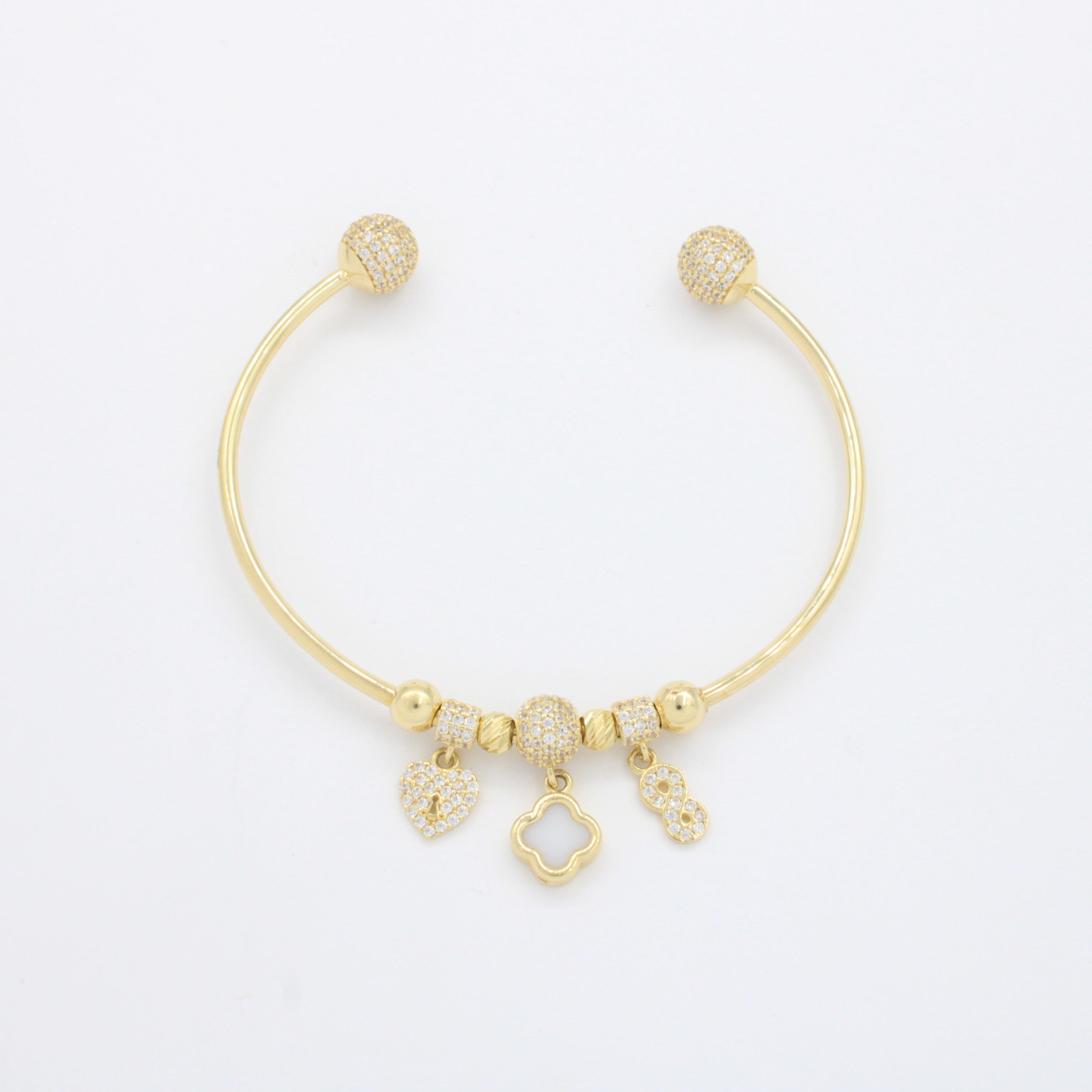 Pulsera de Oro 14k Tejido Tubular Hueco de Diseño Abierto con Charms y Zirconias mod. 10667