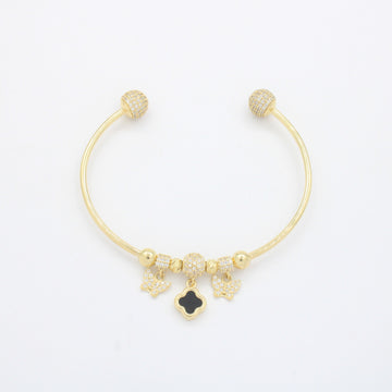 Pulsera de Oro 14k Tubular Hueca de Diseño Abierto Detallado con Trébol, Charms y Zirconias mod. 10668