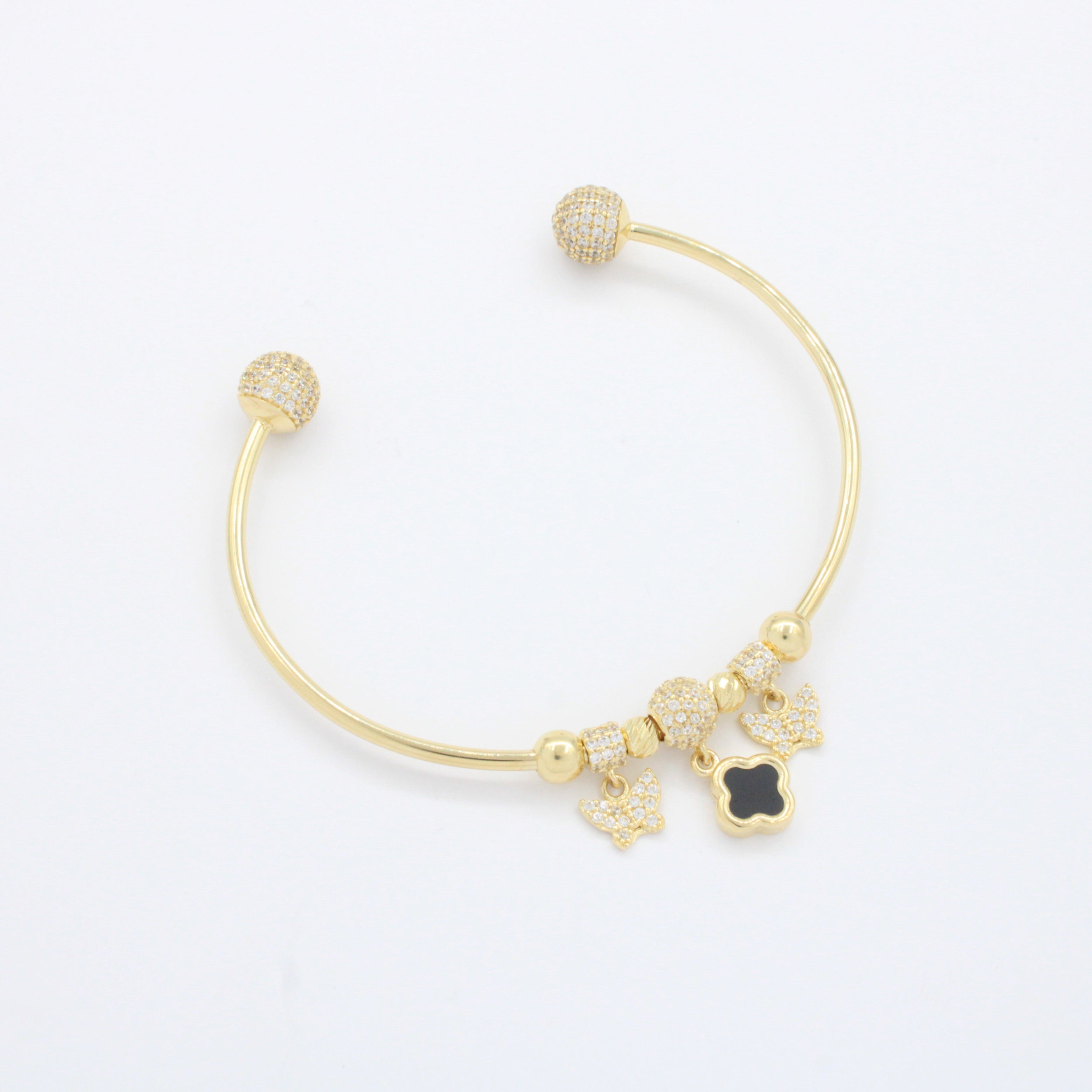Pulsera de Oro 14k Tubular Hueca de Diseño Abierto Detallado con Trébol, Charms y Zirconias mod. 10668