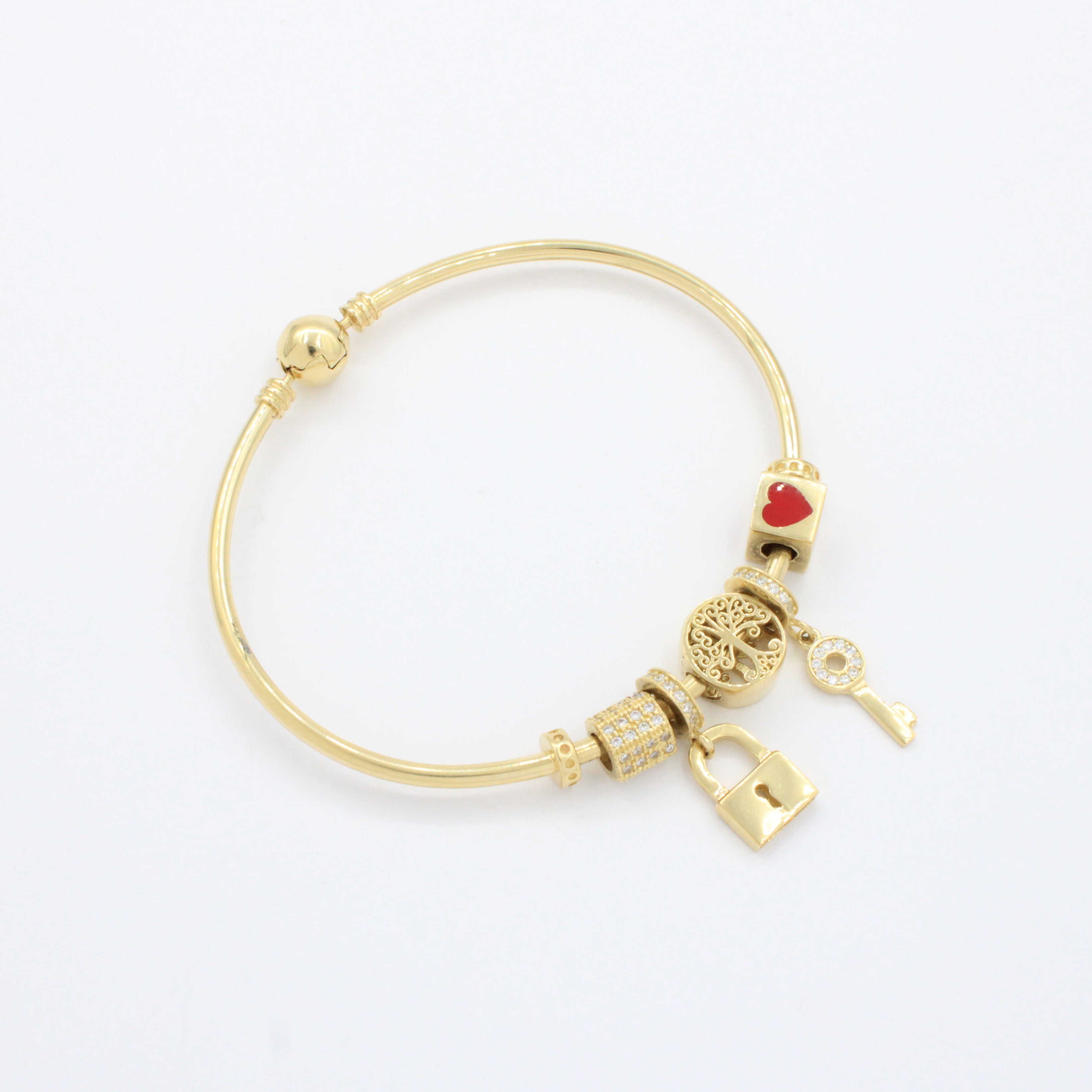 Pulsera de Oro 14k Diseño Tubular Hueco con Charms Brillantes Detallados con Zirconias mod. 10669