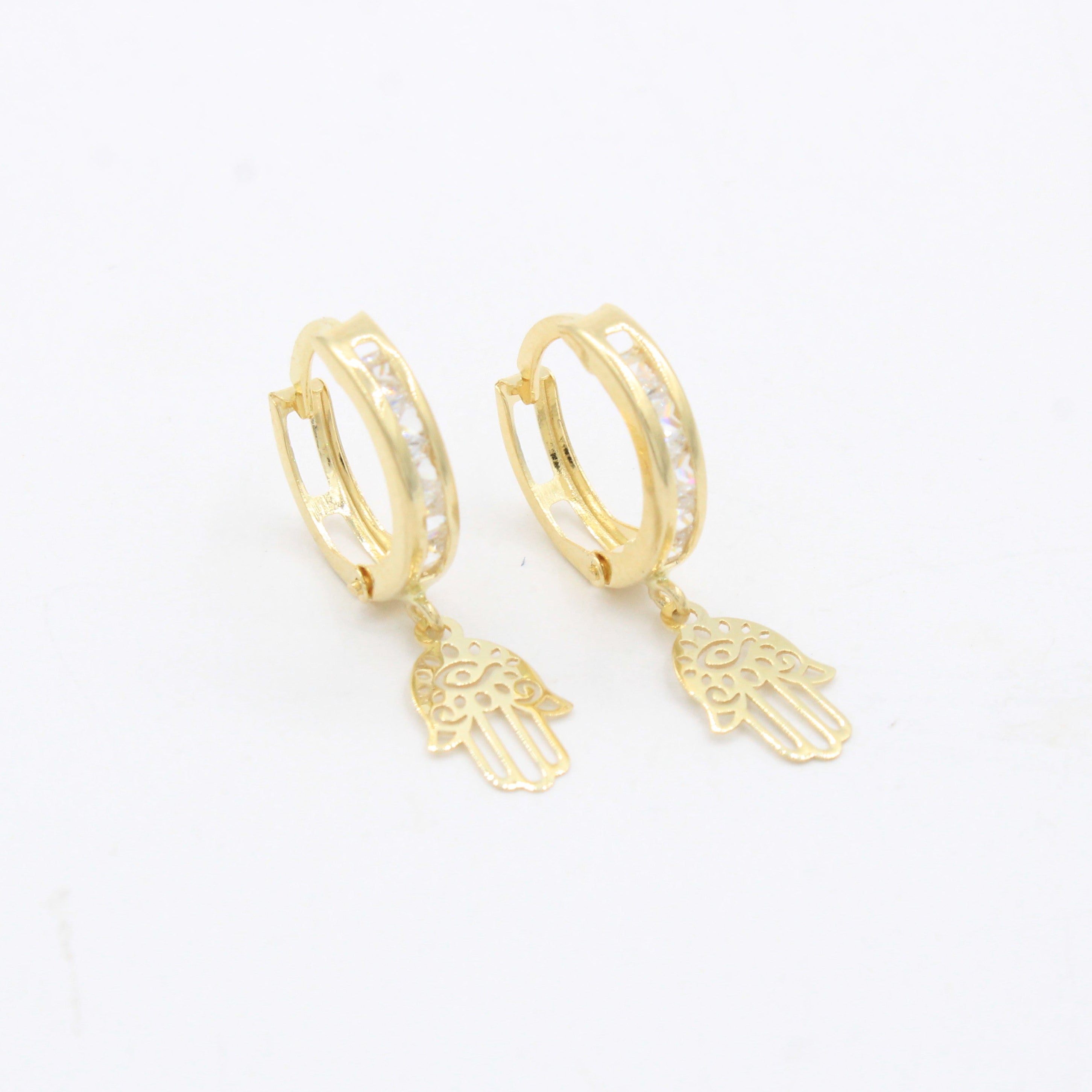 Grapa Larga de Oro 14k con Broche de Zirconias y Mano de Fátima Brillante mod. 10589