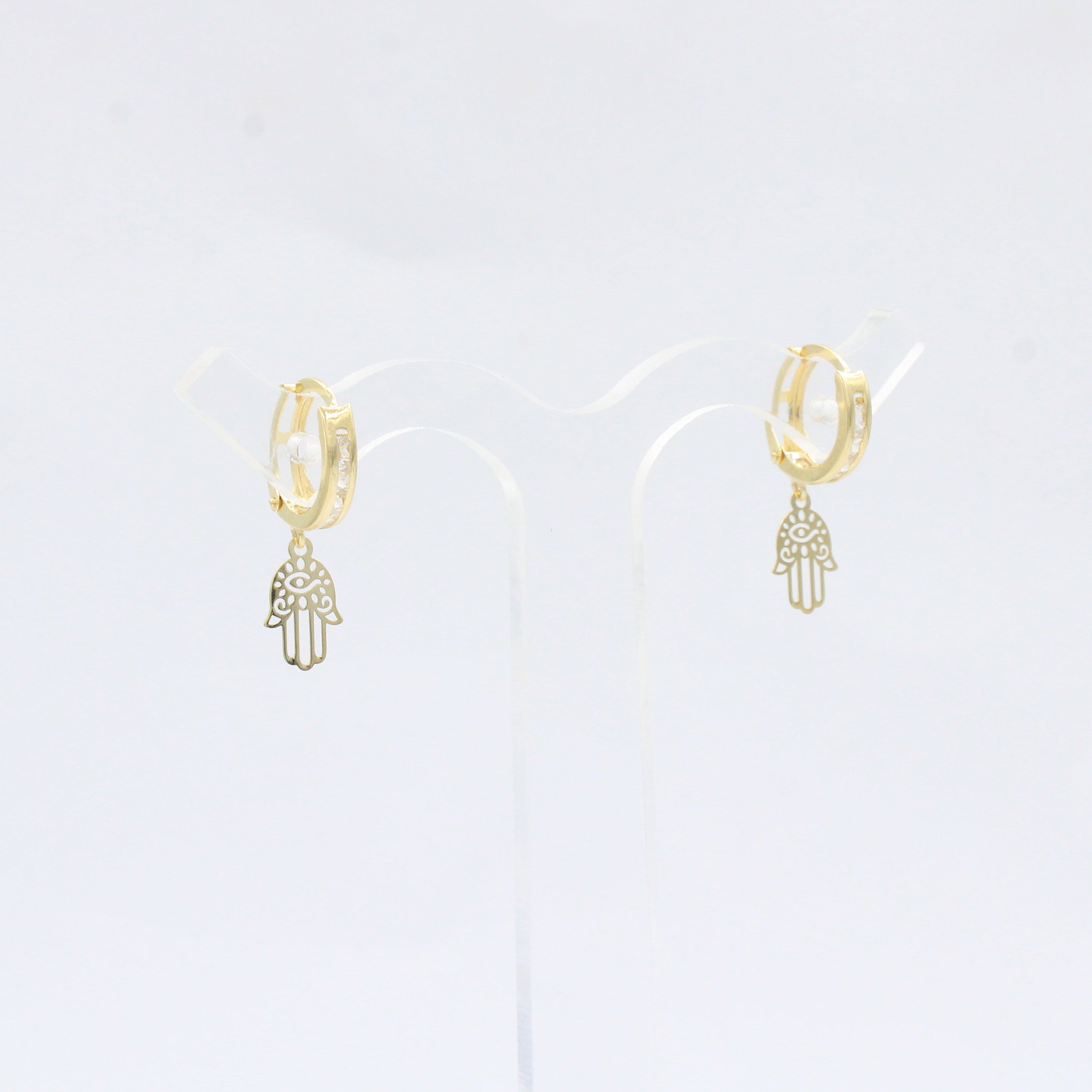 Grapa Larga de Oro 14k con Broche de Zirconias y Mano de Fátima Brillante mod. 10589