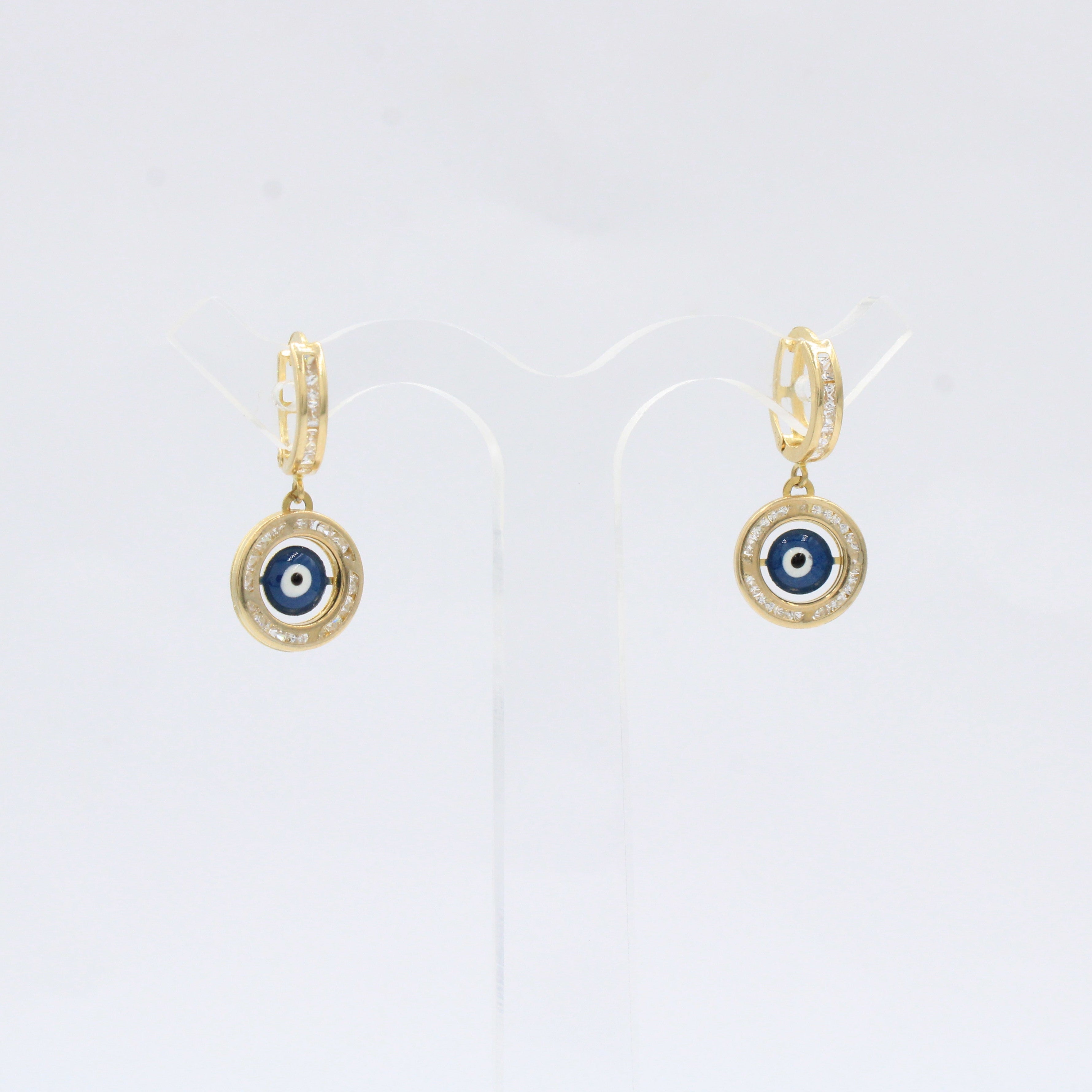 Grapa Larga de Oro 14k con Broche de Zirconias y Ojo Turco en Bisel de Zirconias mod. 10590