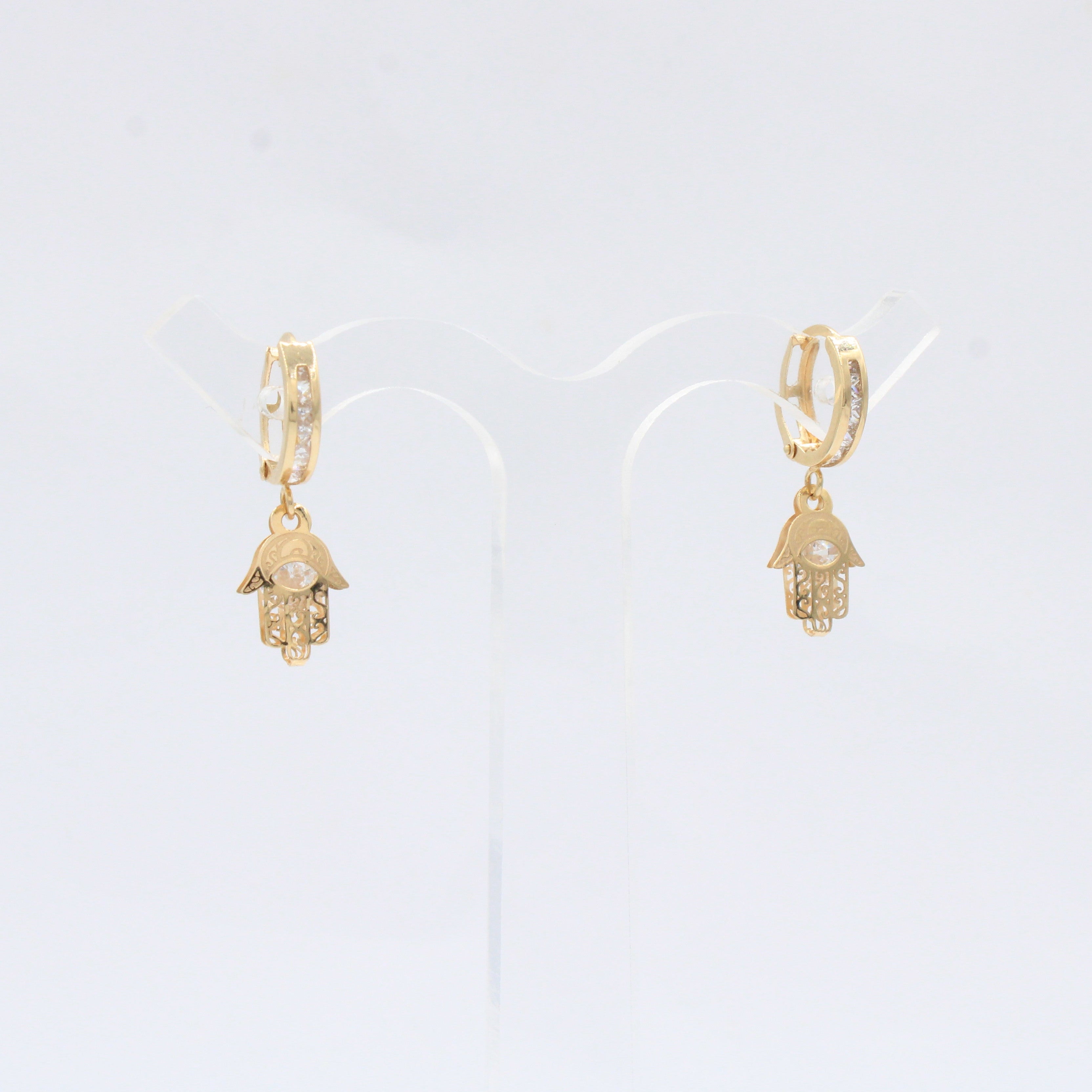 Grapa Larga de Oro 14k con Mano de Fátima Brillante Detallada con Zirconias mod. 10605