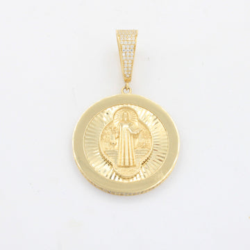 Medallón de Oro 14k Hueco con Diseño Redondo Diamantado Pasador con Zirconias y Figura de San Benito mod. 10701