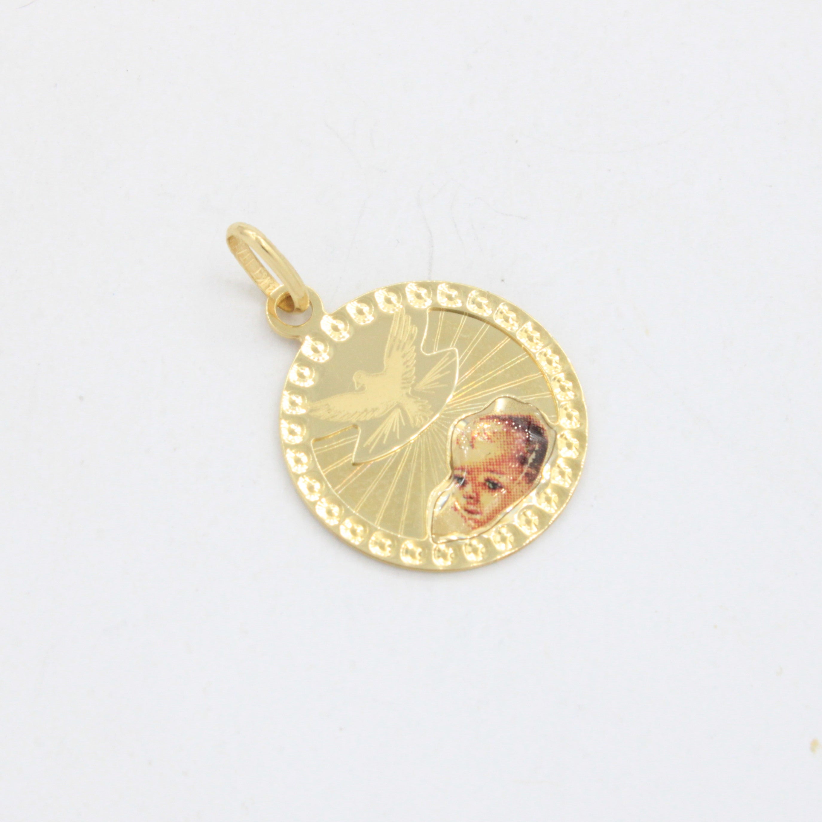 Medalla de Oro 14k Circular con Imagen de Bautizo Especial en Bisel de Círculos Diamantados mod. 10718