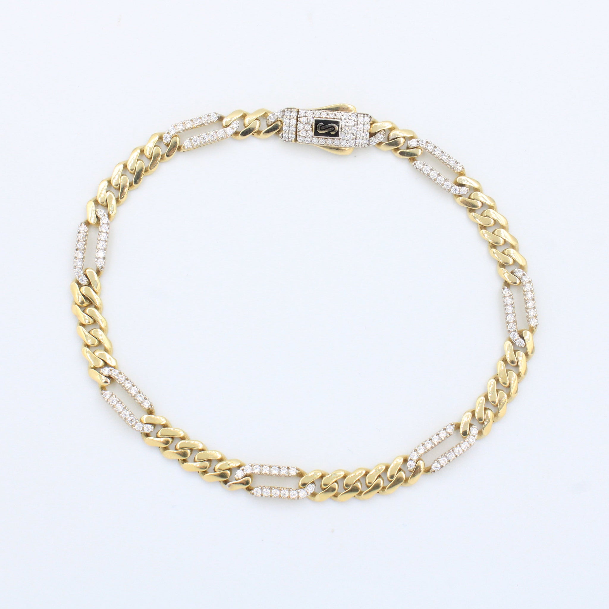 Pulsera Monaco Chain de Oro 14k Modelo Fígaro de Broche Pavé con Incrustación de Swarovski mod. 10159