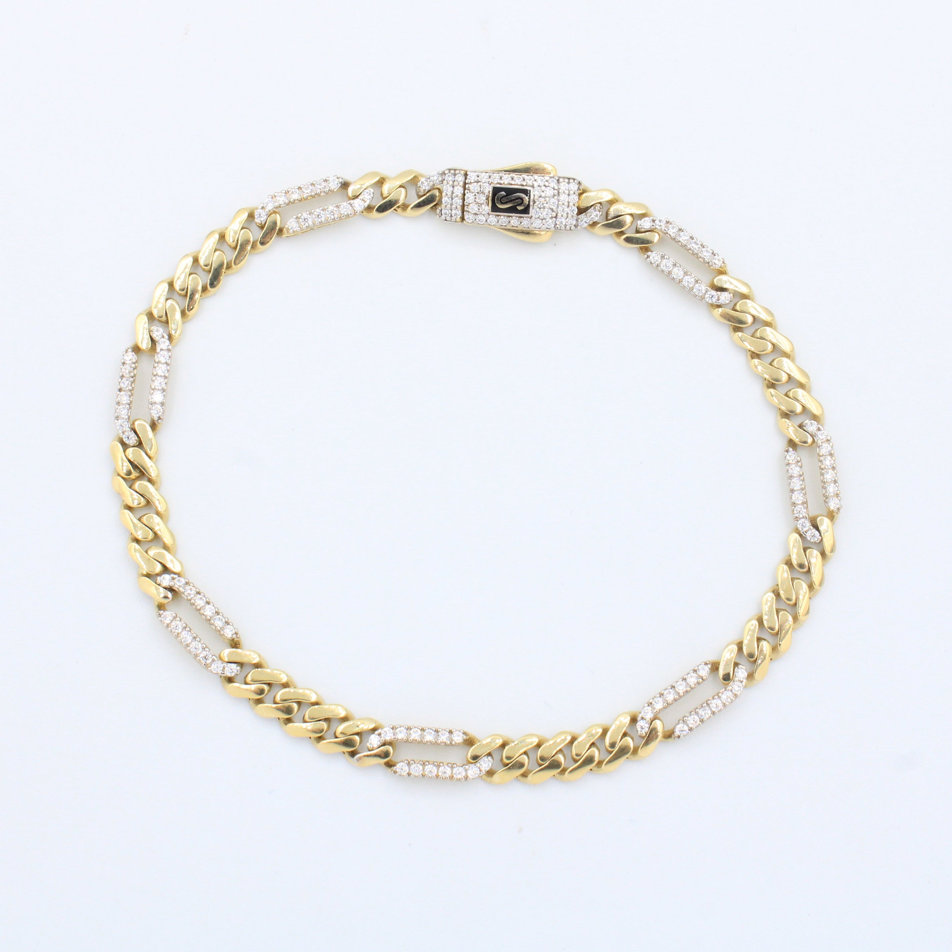 Pulsera Monaco Chain de Oro 14k Modelo Fígaro de Broche Pavé con Incrustación de Swarovski mod. 10159