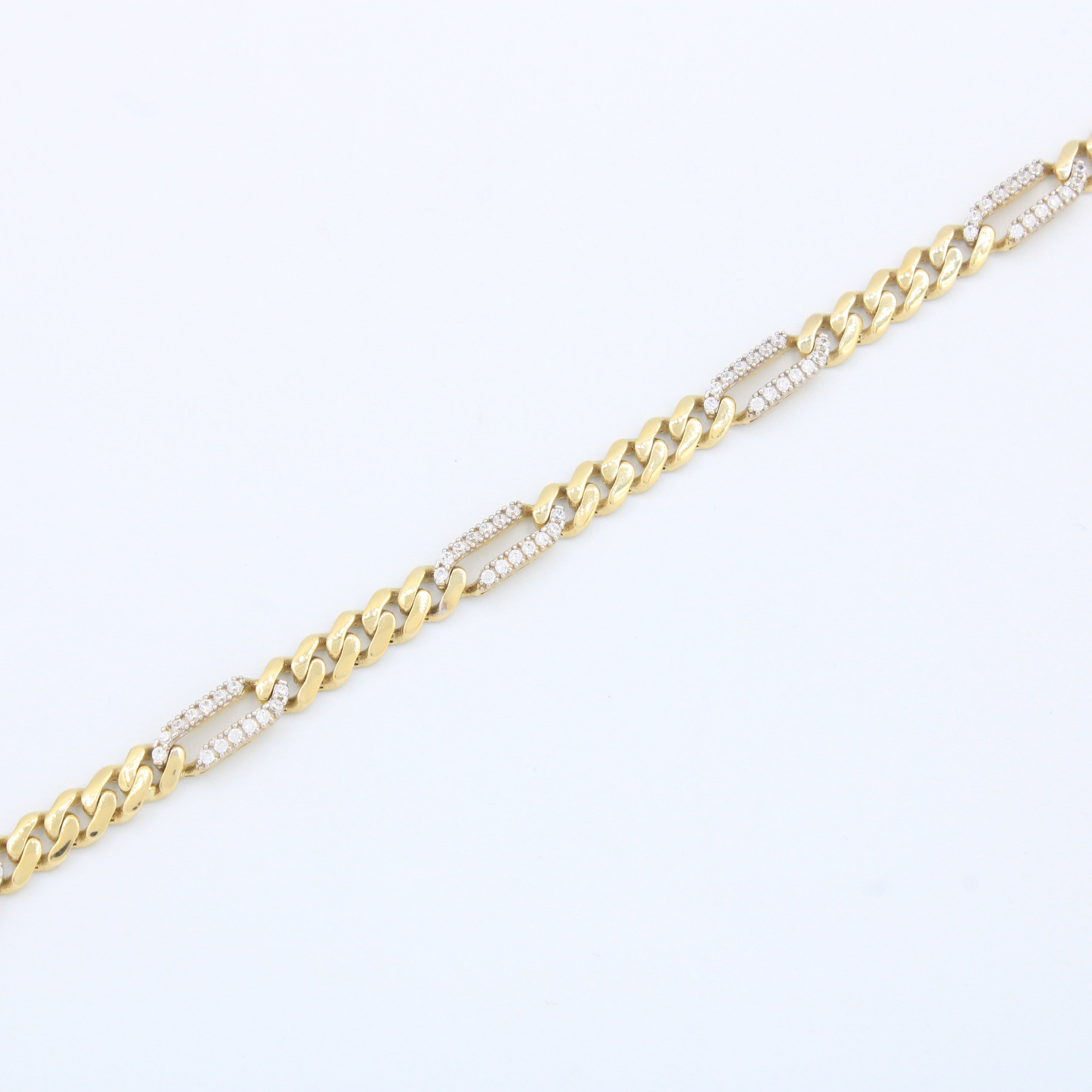 Pulsera Monaco Chain de Oro 14k Modelo Fígaro de Broche Pavé con Incrustación de Swarovski mod. 10159