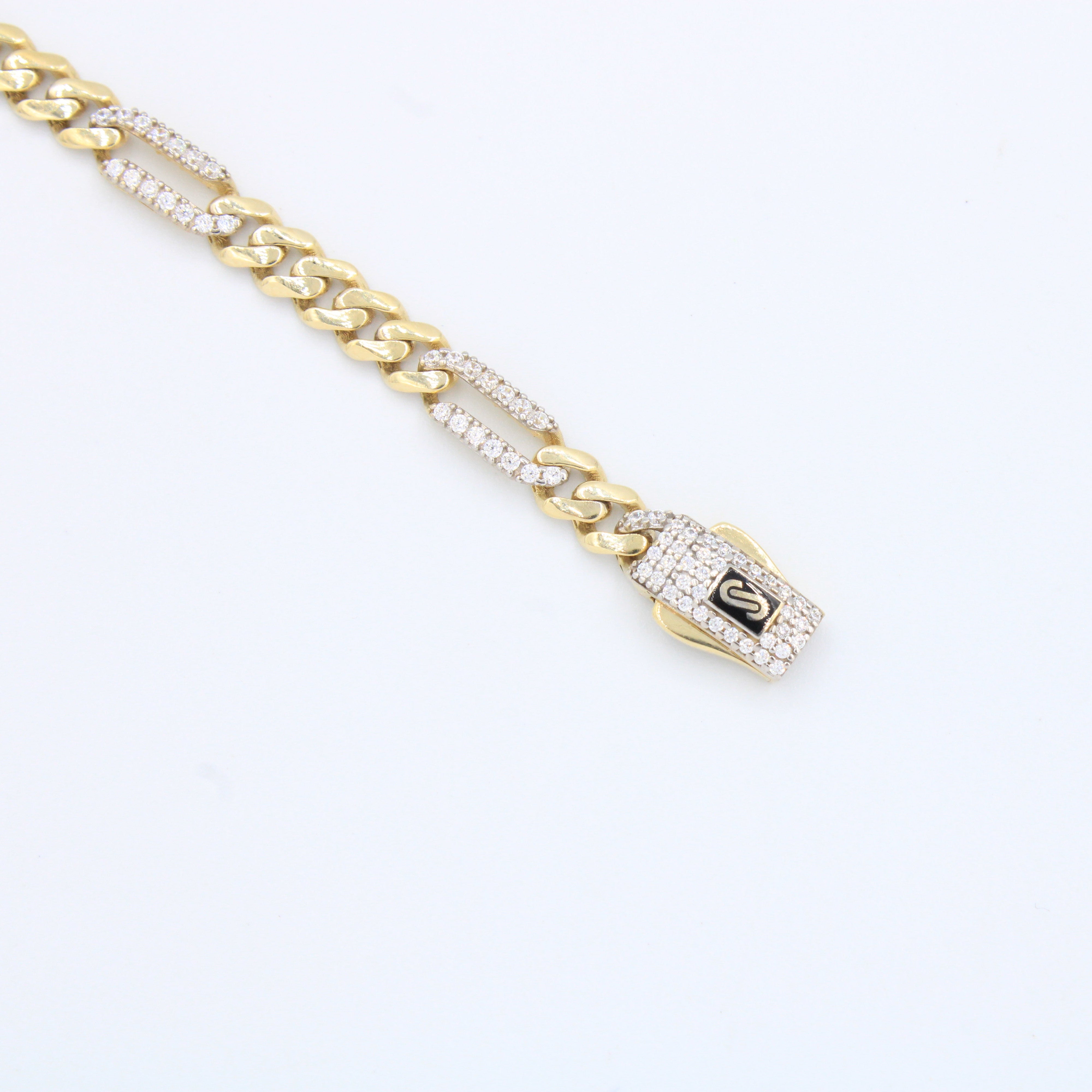 Pulsera Monaco Chain de Oro 14k Modelo Fígaro de Broche Pavé con Incrustación de Swarovski mod. 10159