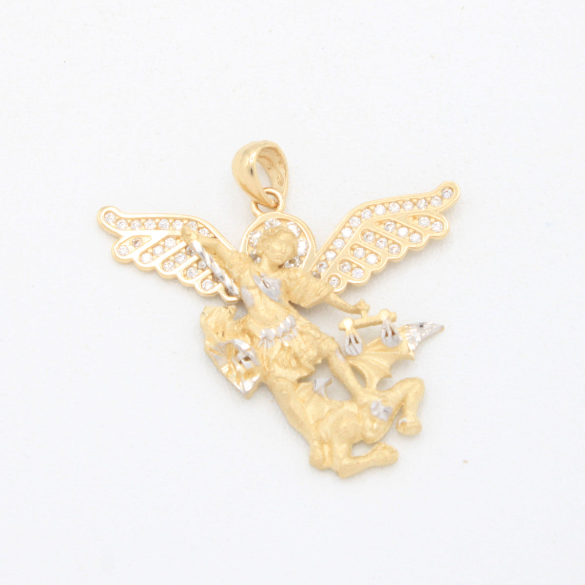 Dije de Oro 14k San Miguel Arcangel con Oro Blanco y Zirconias mod. 11086