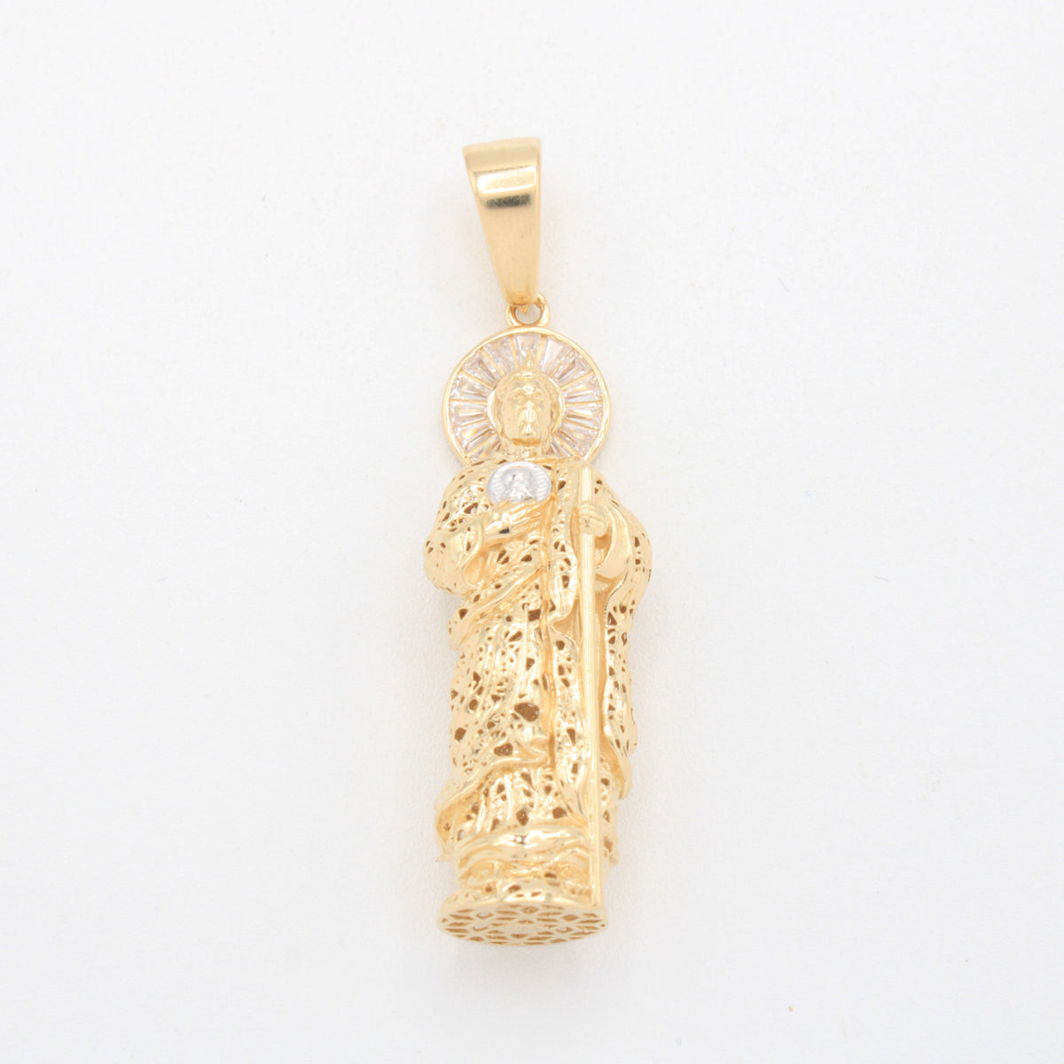 Dije de Oro 14k San Judas Tadeo Filigranado con Zirconias y Oro Blanco mod. 11090