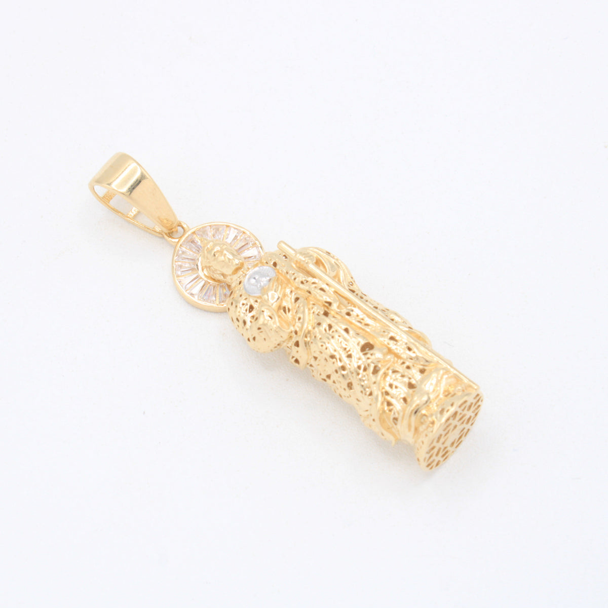 Dije de Oro 14k San Judas Tadeo Filigranado con Zirconias y Oro Blanco mod. 11090