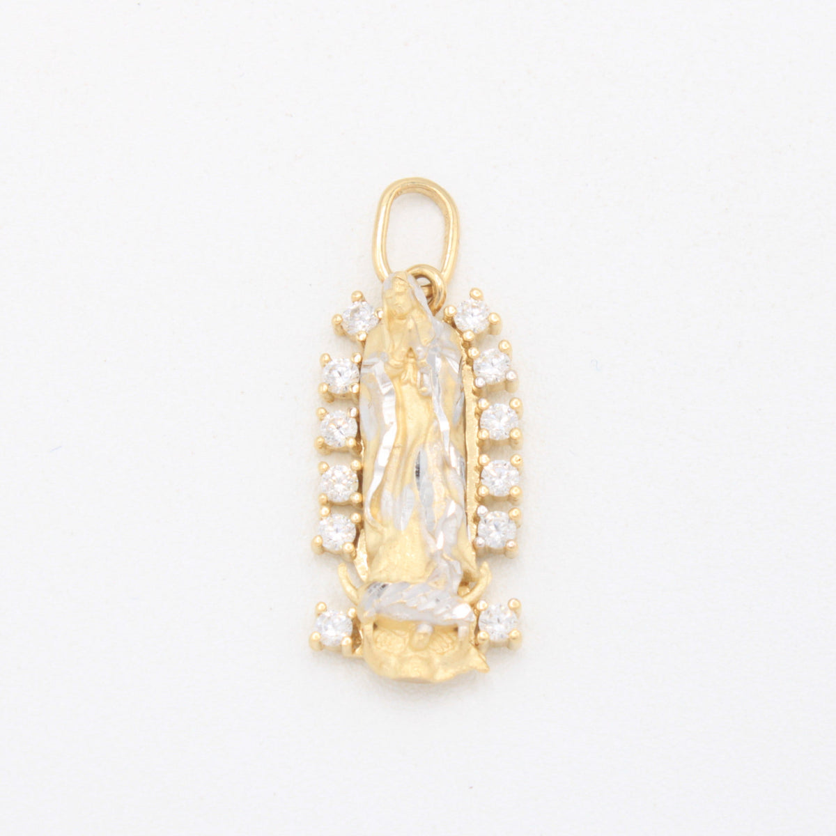 Dije de Oro Virgen de Guadalupe con Zirconias y Detalles en Oro Blanco 14k mod. 11093