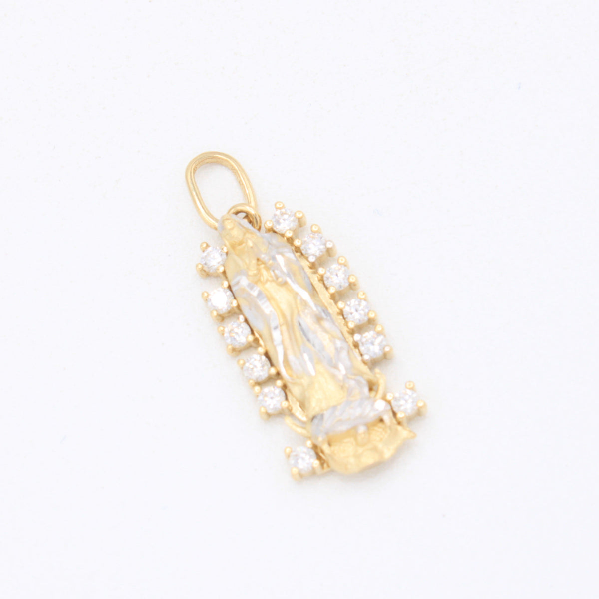 Dije de Oro Virgen de Guadalupe con Zirconias y Detalles en Oro Blanco 14k mod. 11093