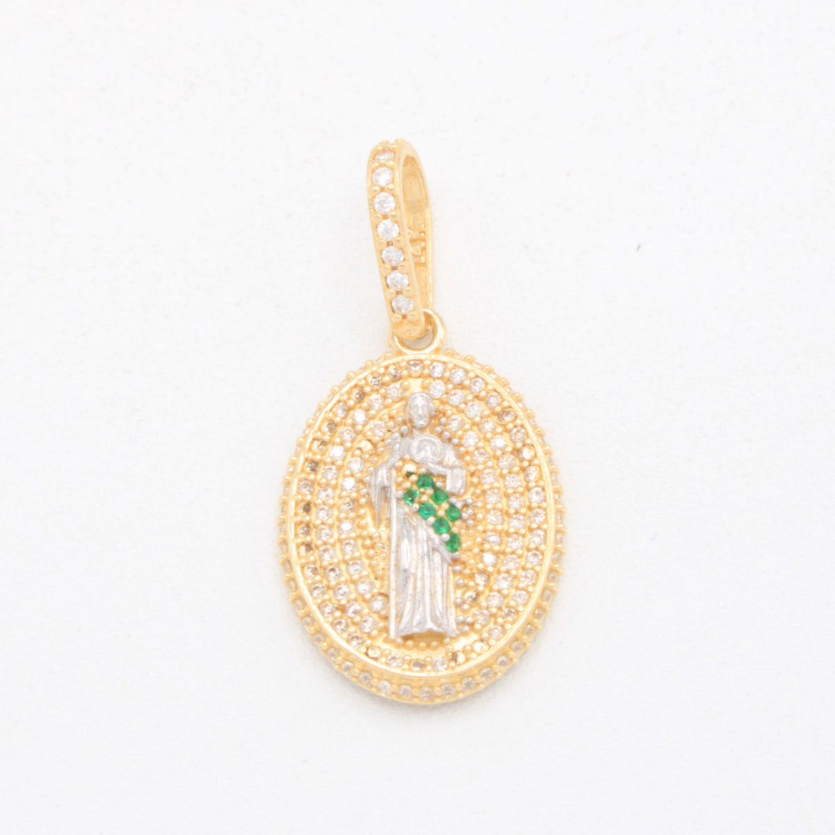 Medalla de Oro 14k Oval San Judas Tadeo Cubierta de Zirconias mod. 11095