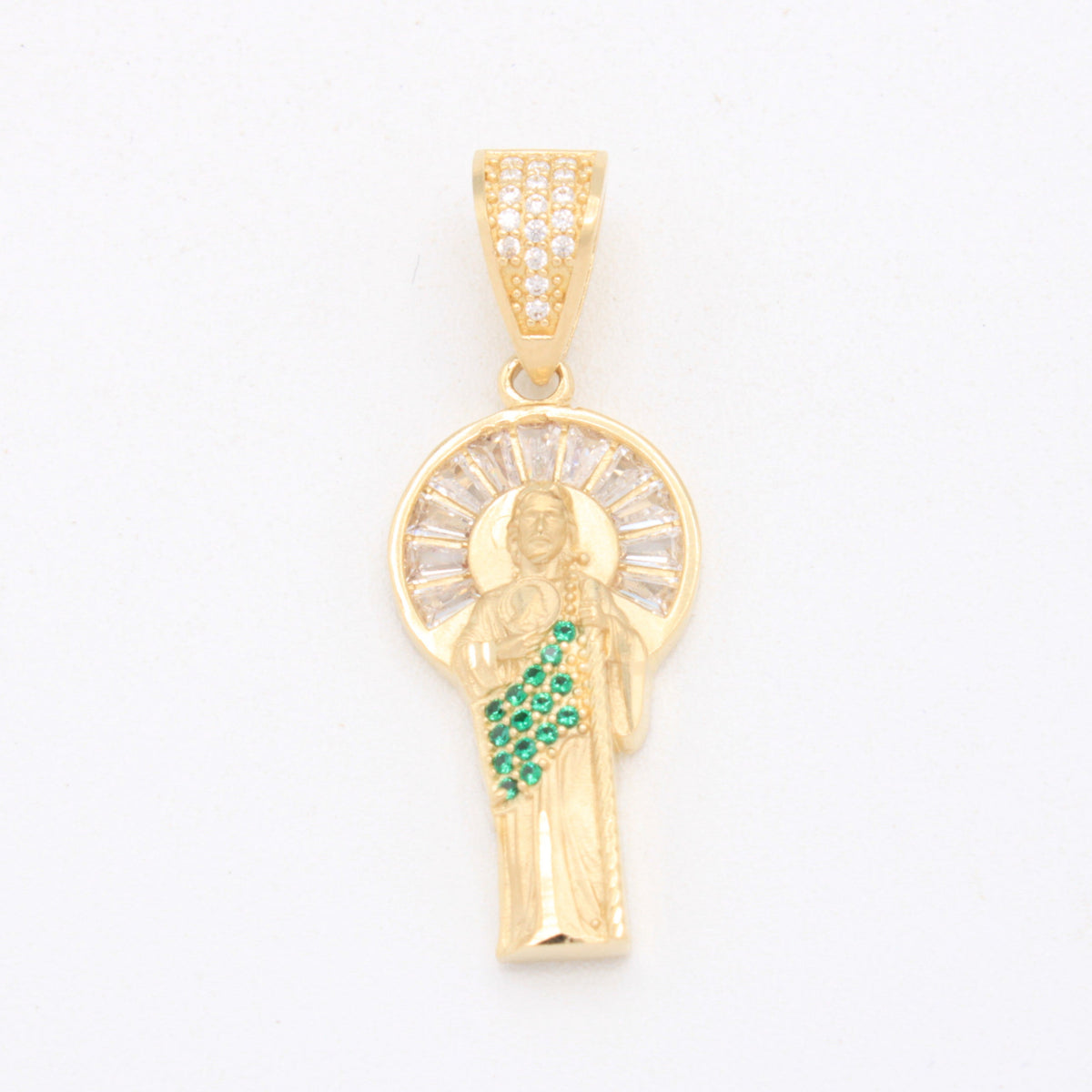 Dije de Oro 14k San Judas Tadeo Completo con Zirconias Verdes mod. 11101