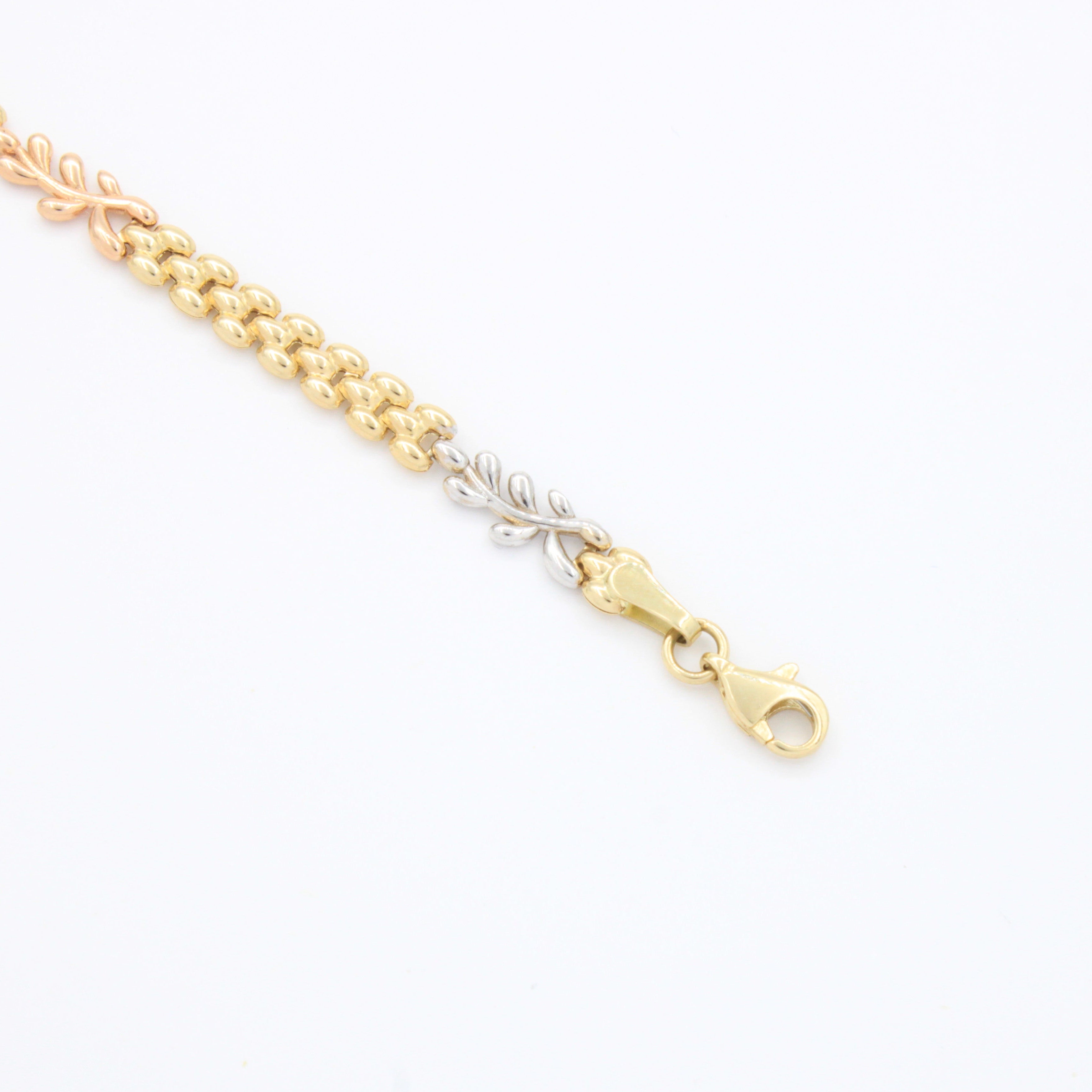 Pulsera de Oro 14k de Tejido Fino y Hueco con Eslabones de Laurel Brillante mod. 10738