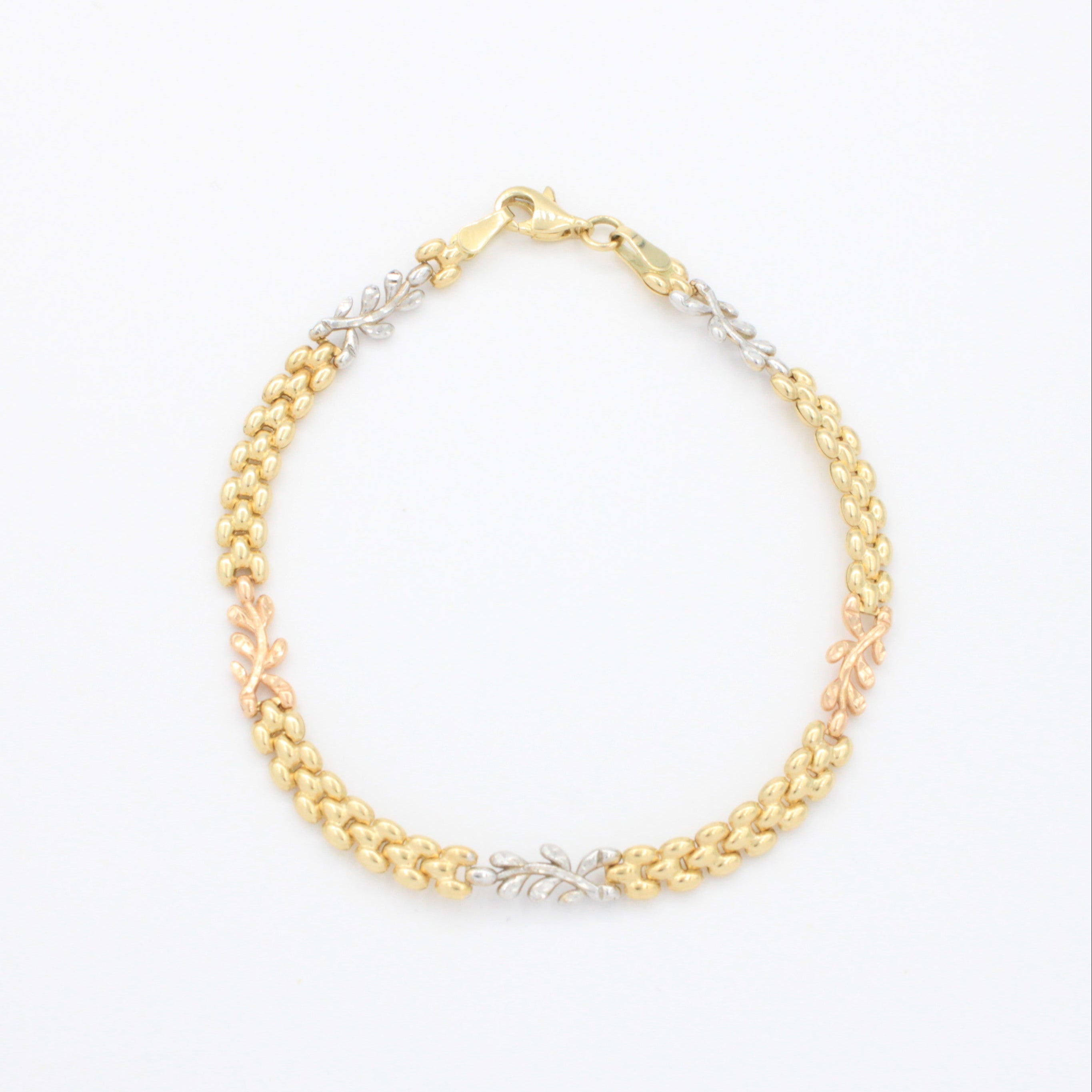 Pulsera de Oro 14k de Tejido Fino y Hueco con Eslabones de Laurel Brillante mod. 10738