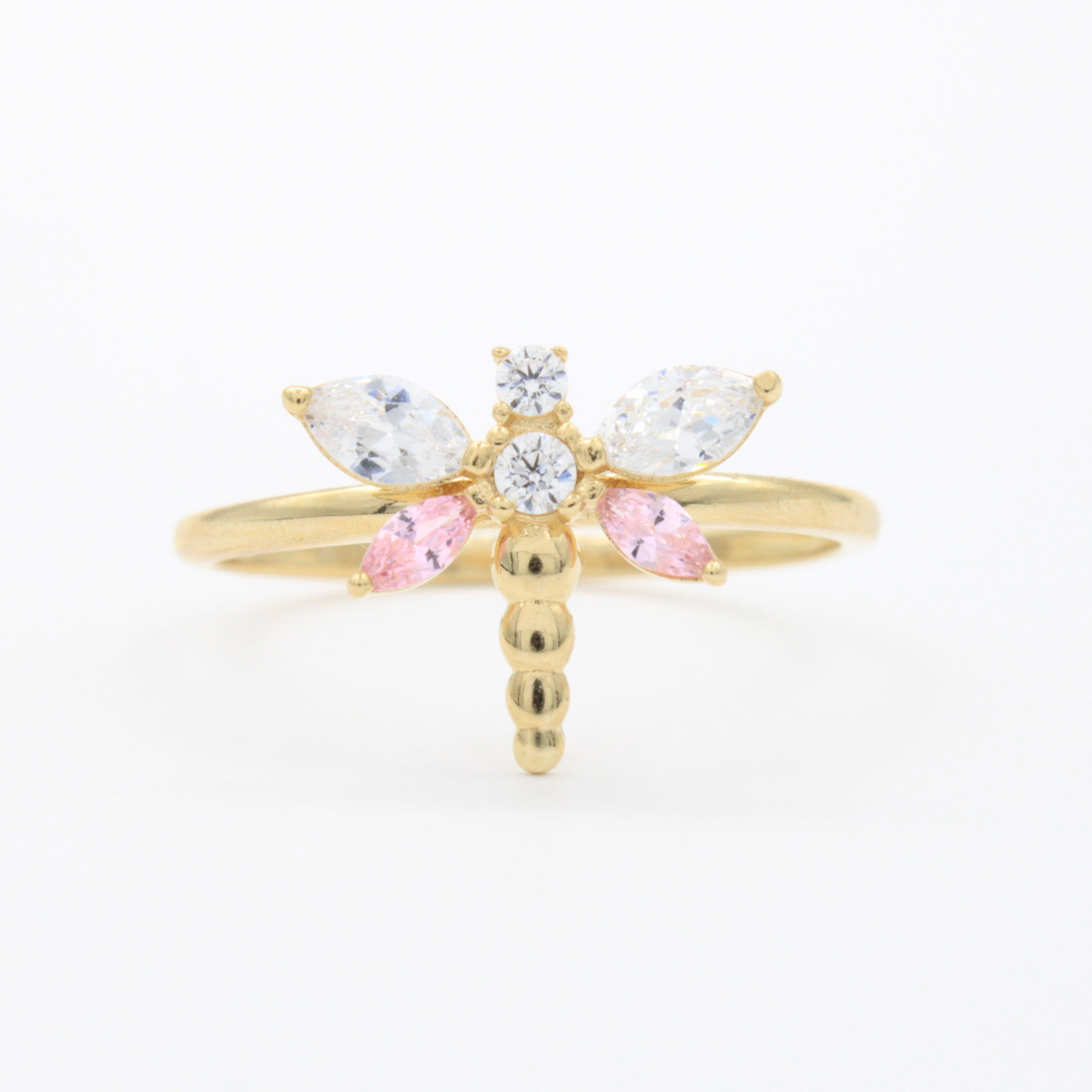 Anillo de Oro 14k Diseño de Libélula con Zirconias Detallada ca con Tonos Rosas mod. 10743