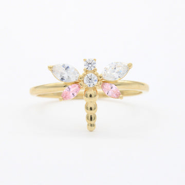 Anillo de Oro 14k Diseño de Libélula con Zirconias Detallada ca con Tonos Rosas mod. 10743