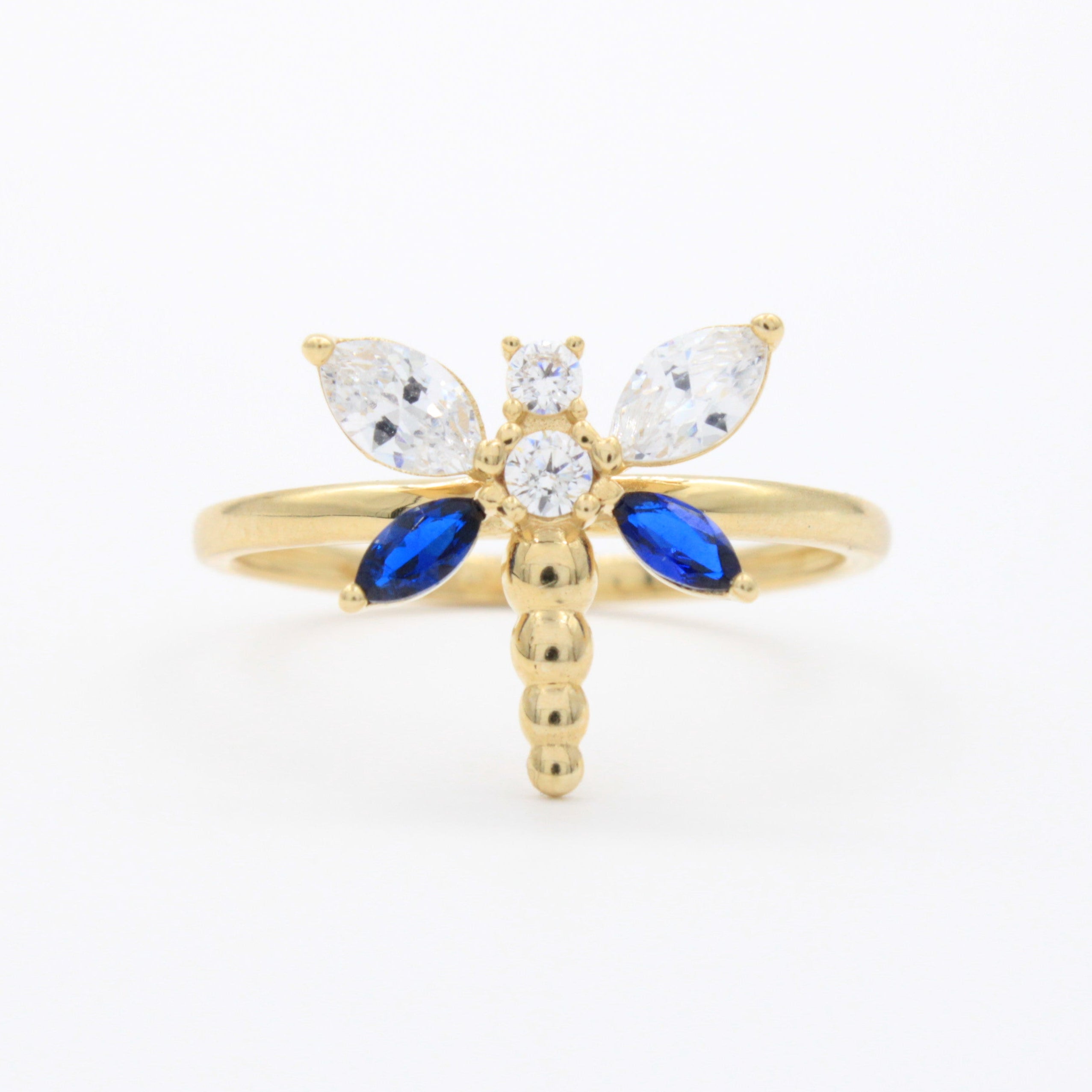 Anillo de Oro 14k Diseño de Libélula con Zirconias Detallada ca con Tonos Azul Marino mod. 10744