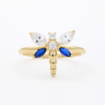 Anillo de Oro 14k Diseño de Libélula con Zirconias Detallada ca con Tonos Azul Marino mod. 10744