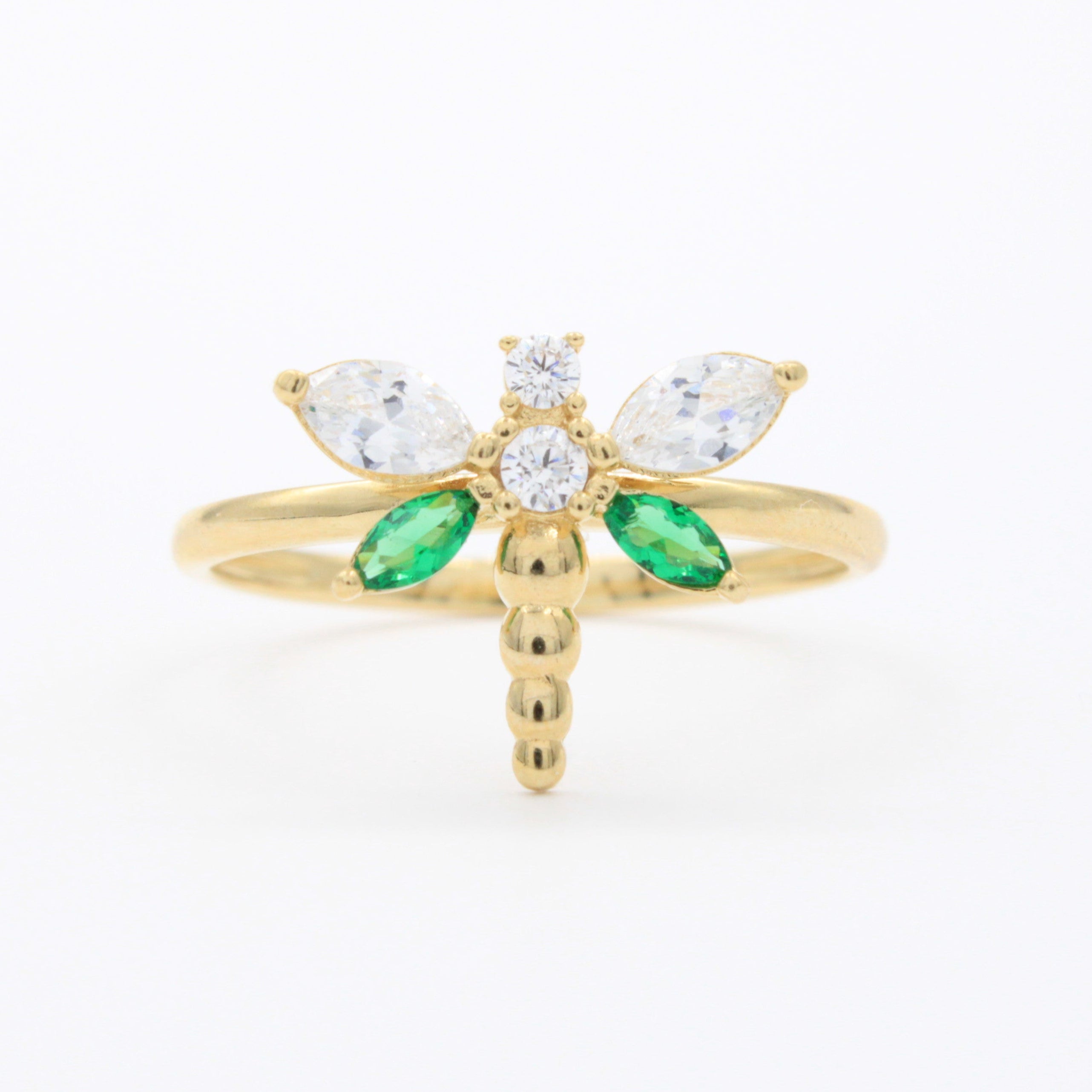 Anillo de Oro 14k Diseño de Libélula con Zirconias Detallada ca con Tonos Verdes mod. 10745