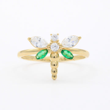 Anillo de Oro 14k Diseño de Libélula con Zirconias Detallada ca con Tonos Verdes mod. 10745