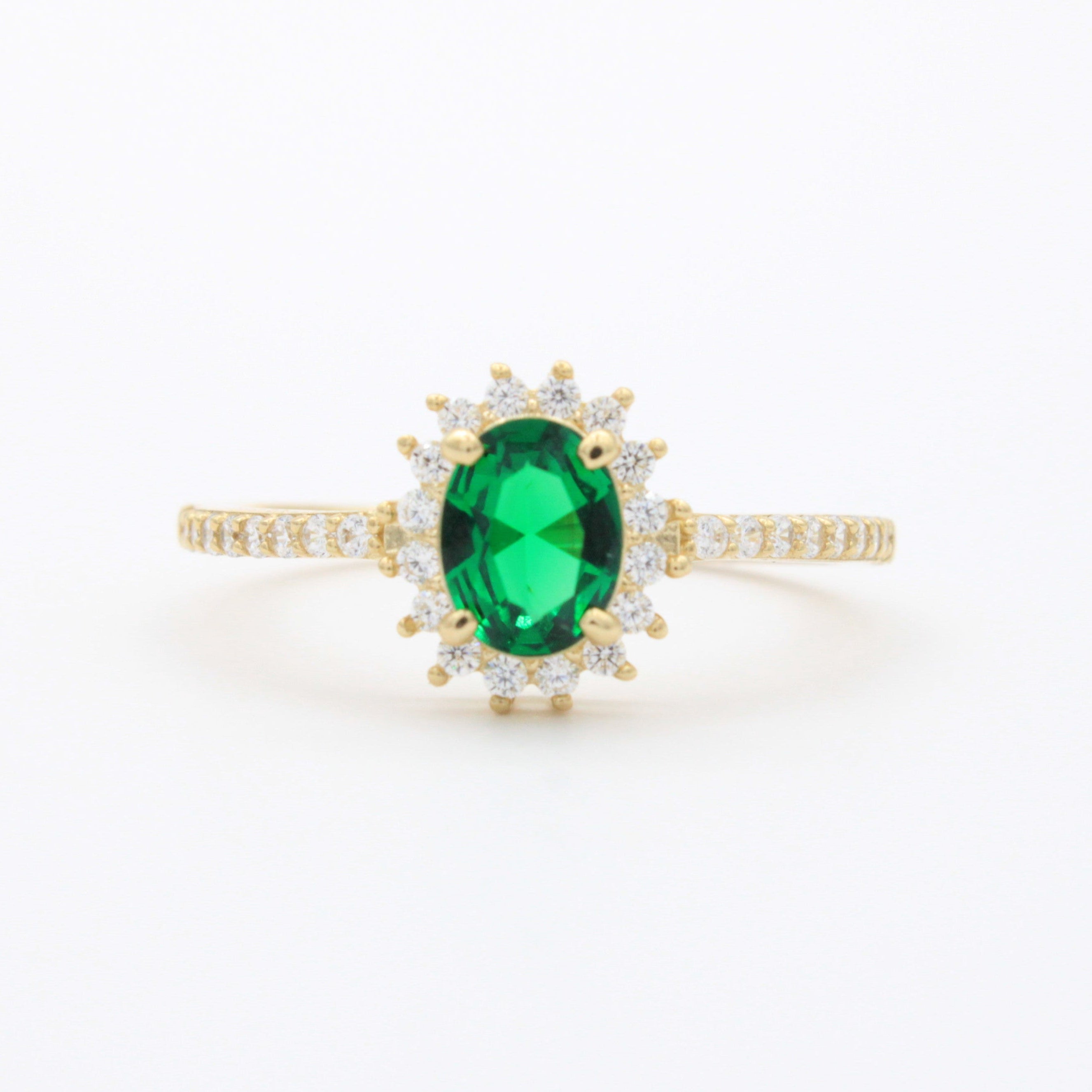 Anillo de Oro 14k Diseño Elegante con Zirconias Finas y Zirconia Color Verde Esmeralda mod. 10749