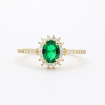Anillo de Oro 14k Diseño Elegante con Zirconias Finas y Zirconia Color Verde Esmeralda mod. 10749