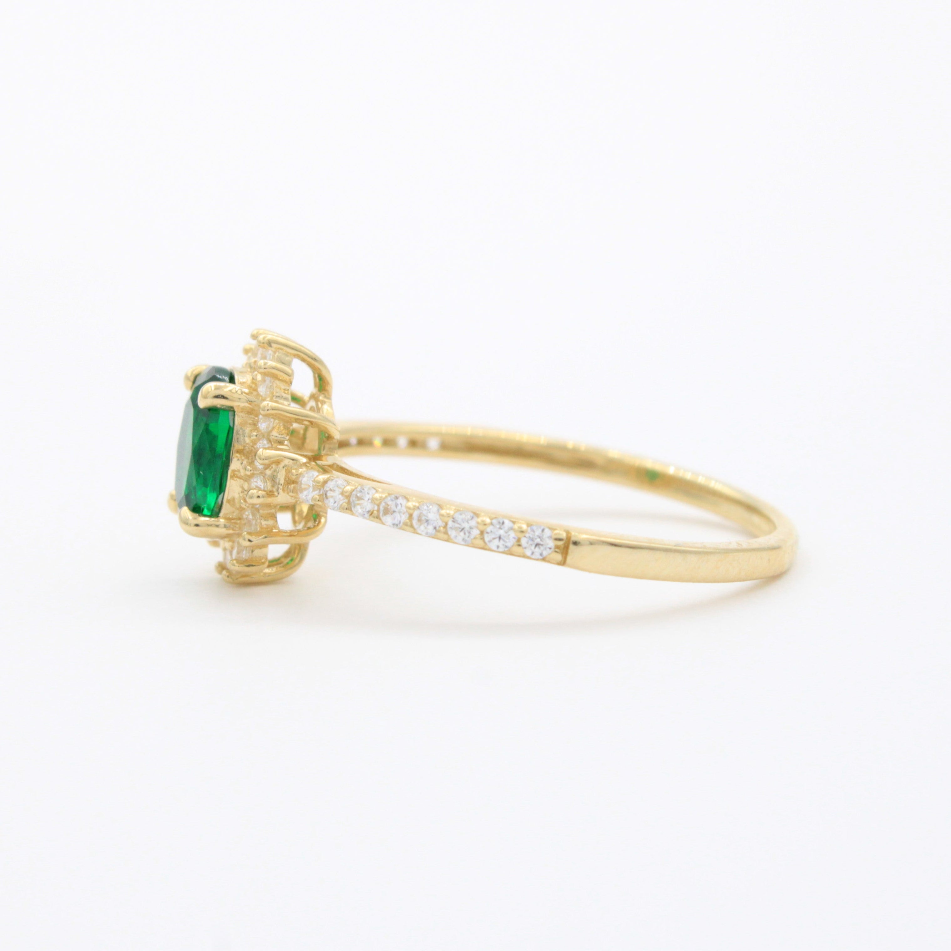 Anillo de Oro 14k Diseño Elegante con Zirconias Finas y Zirconia Color Verde Esmeralda mod. 10749