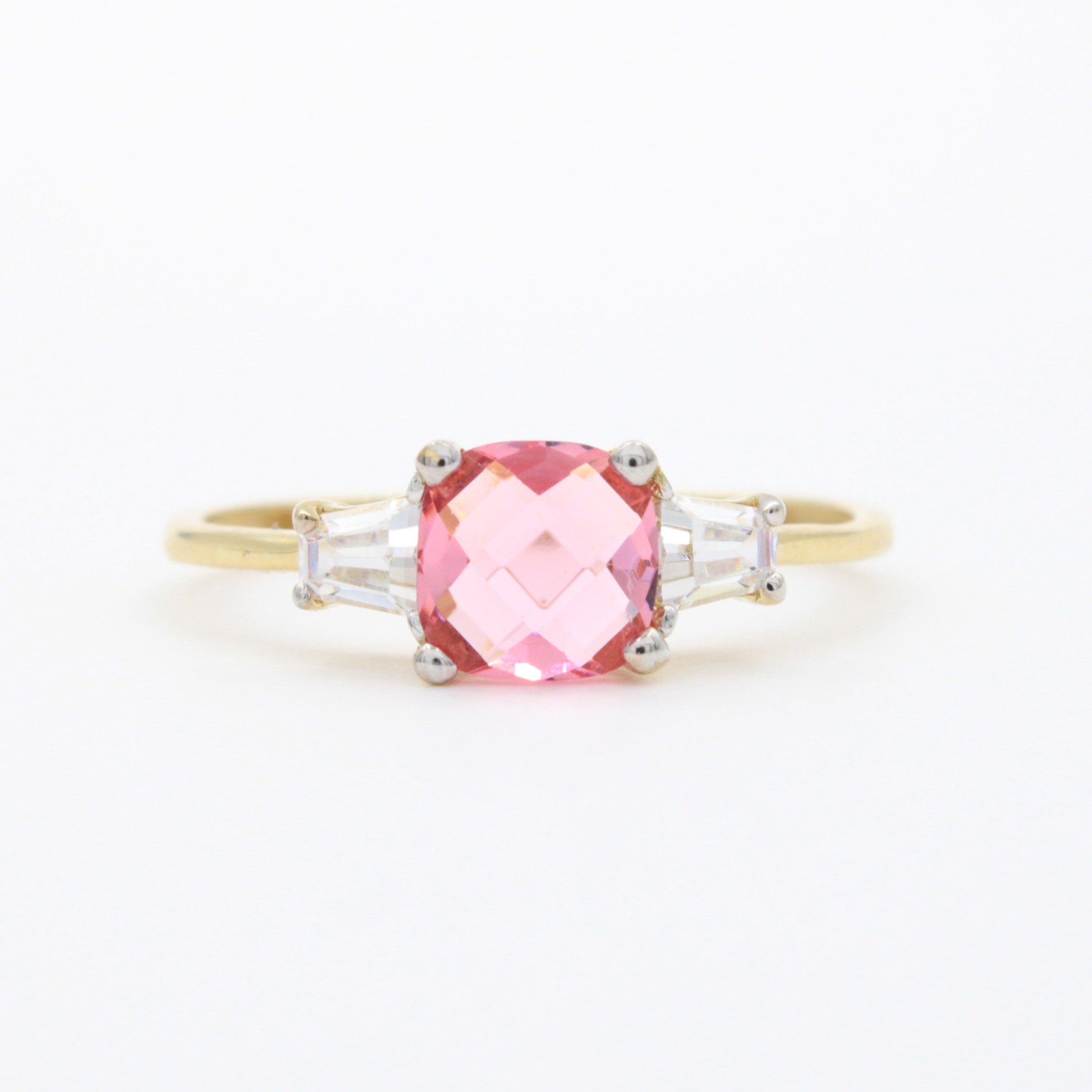 Anillo de Oro 14k Diseño Fino con Zirconia Facetada Central de Tono Rosa mod. 10754