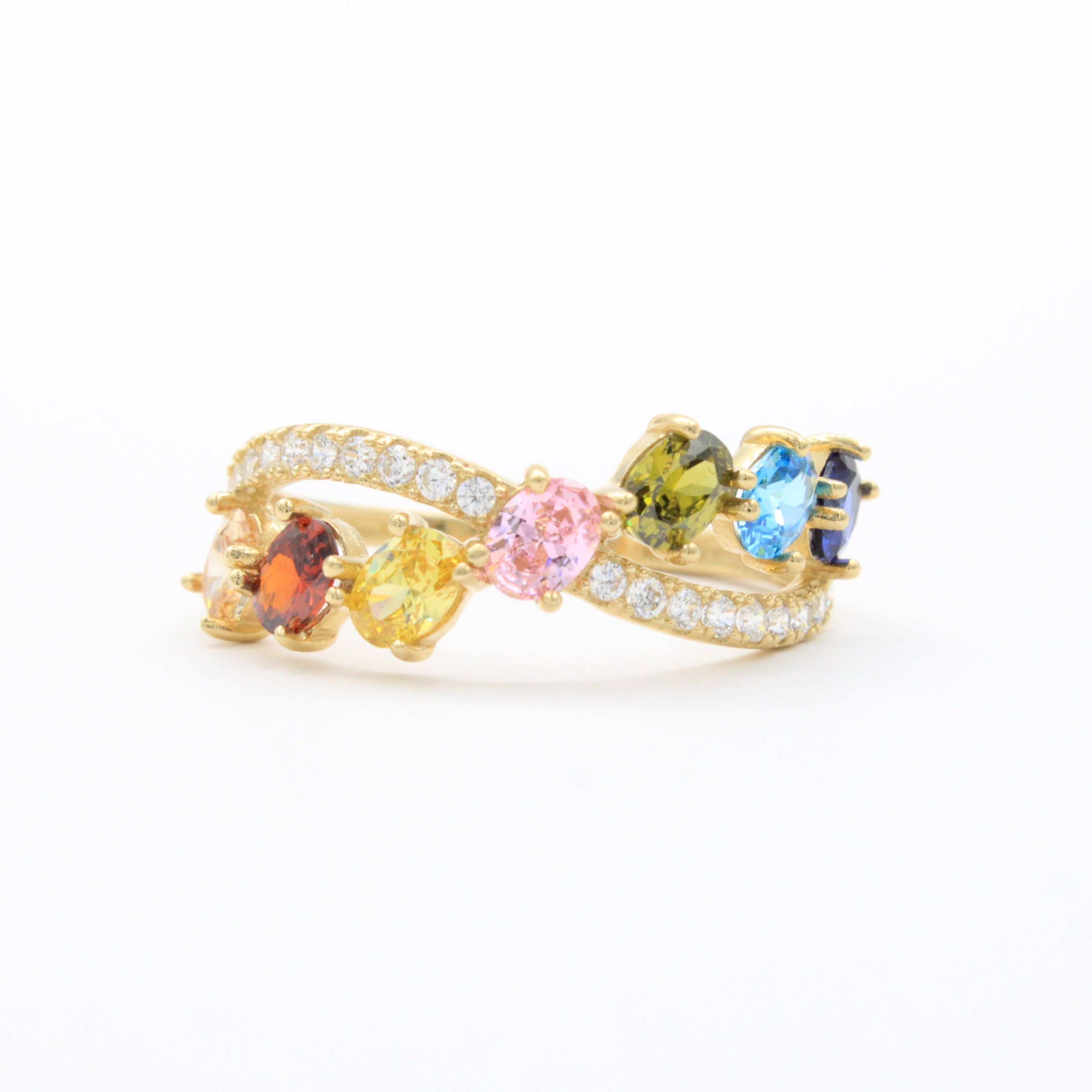 Anillo de Oro 14k Fino y Elegante en Diseño Incrustado con Zirconias de Colores Varios y Brillantes mod. 10770