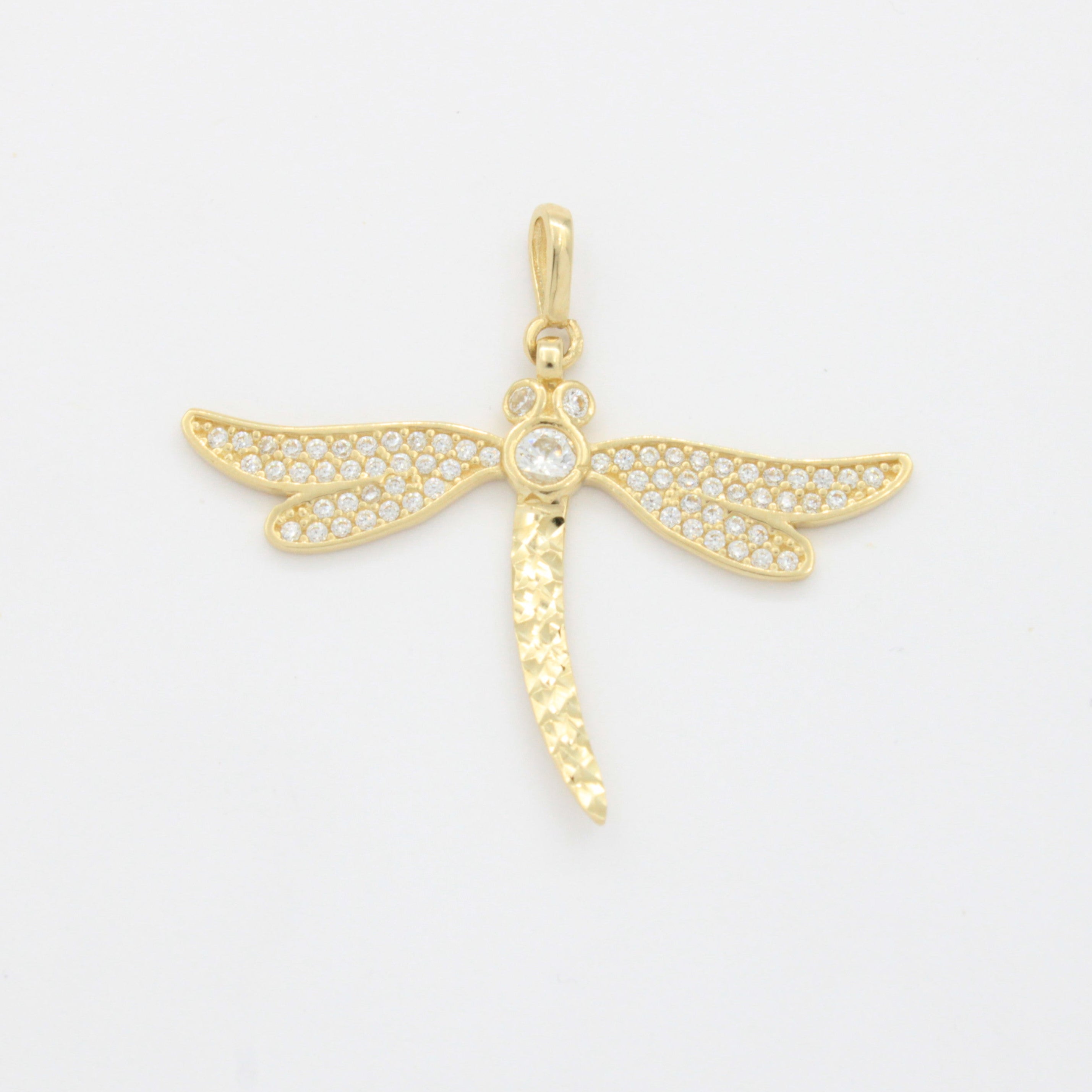 Dije de Oro 14k Libélula Fina con Zirconias Brillantes y Cuerpo Diamantado mod. 10787