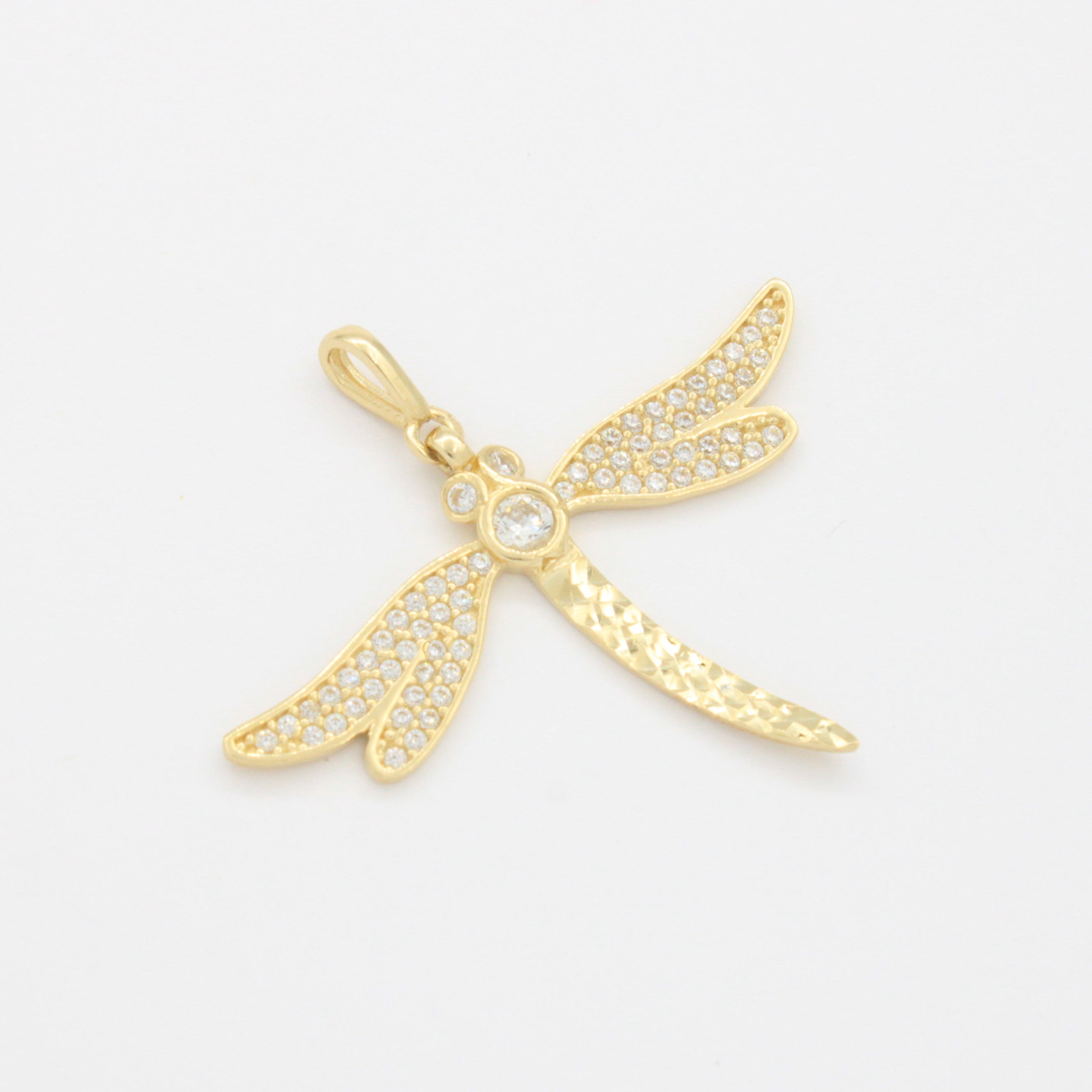 Dije de Oro 14k Libélula Fina con Zirconias Brillantes y Cuerpo Diamantado mod. 10787