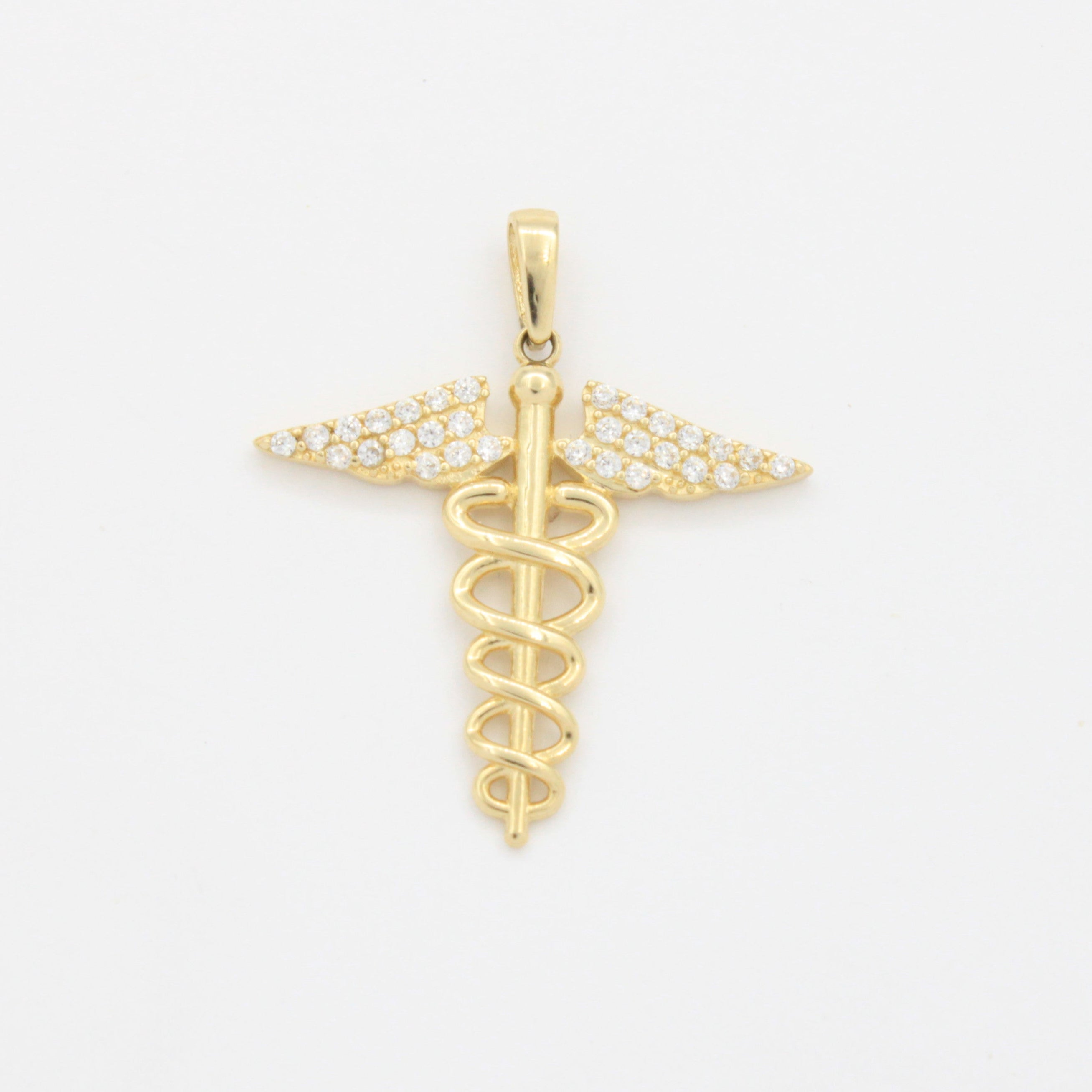 Dije de Oro 14k Caduceo de Hermes con Alas Incrustadas de Zirconias mod. 10785