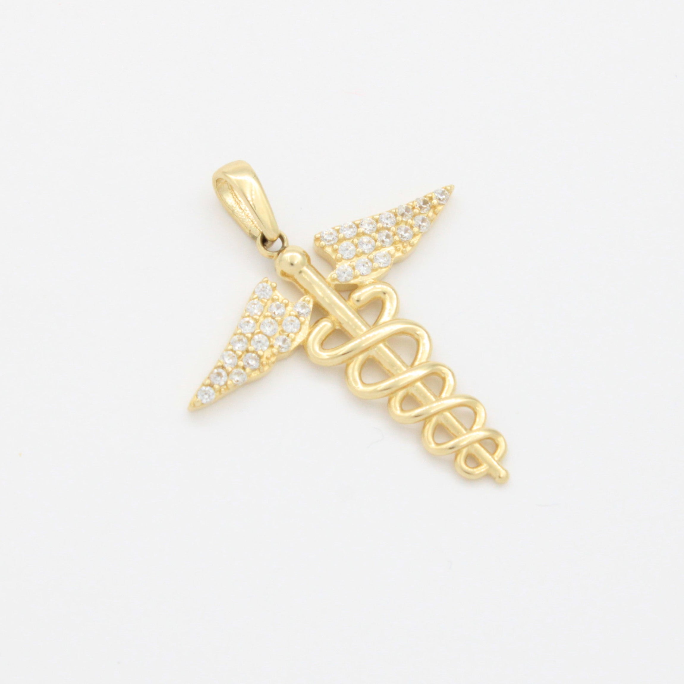 Dije de Oro 14k Caduceo de Hermes con Alas Incrustadas de Zirconias mod. 10785