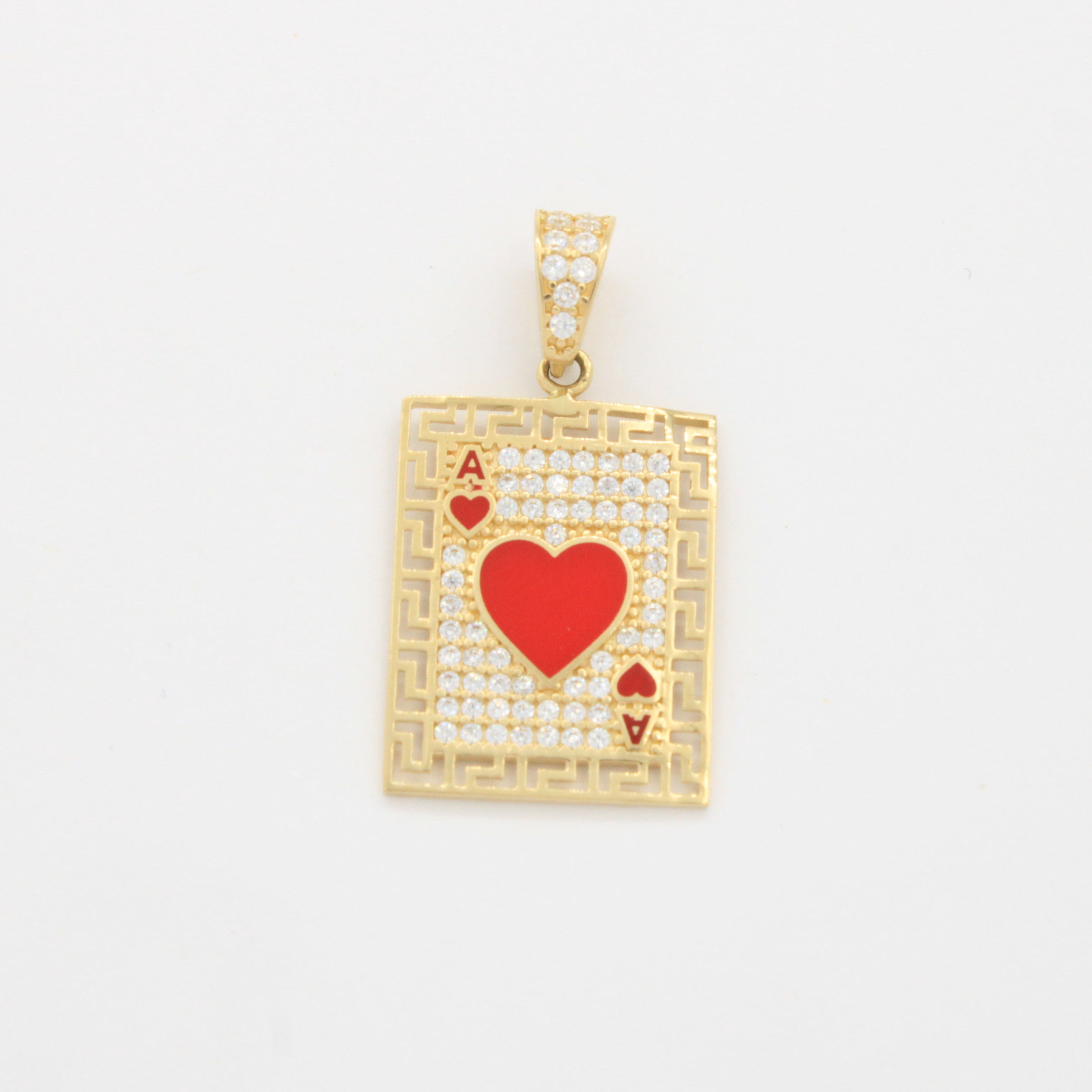 Dije de Oro 14k As de Corazones con Bisel de Grecas Detallado con Incrustación de Zirconias mod. 10782